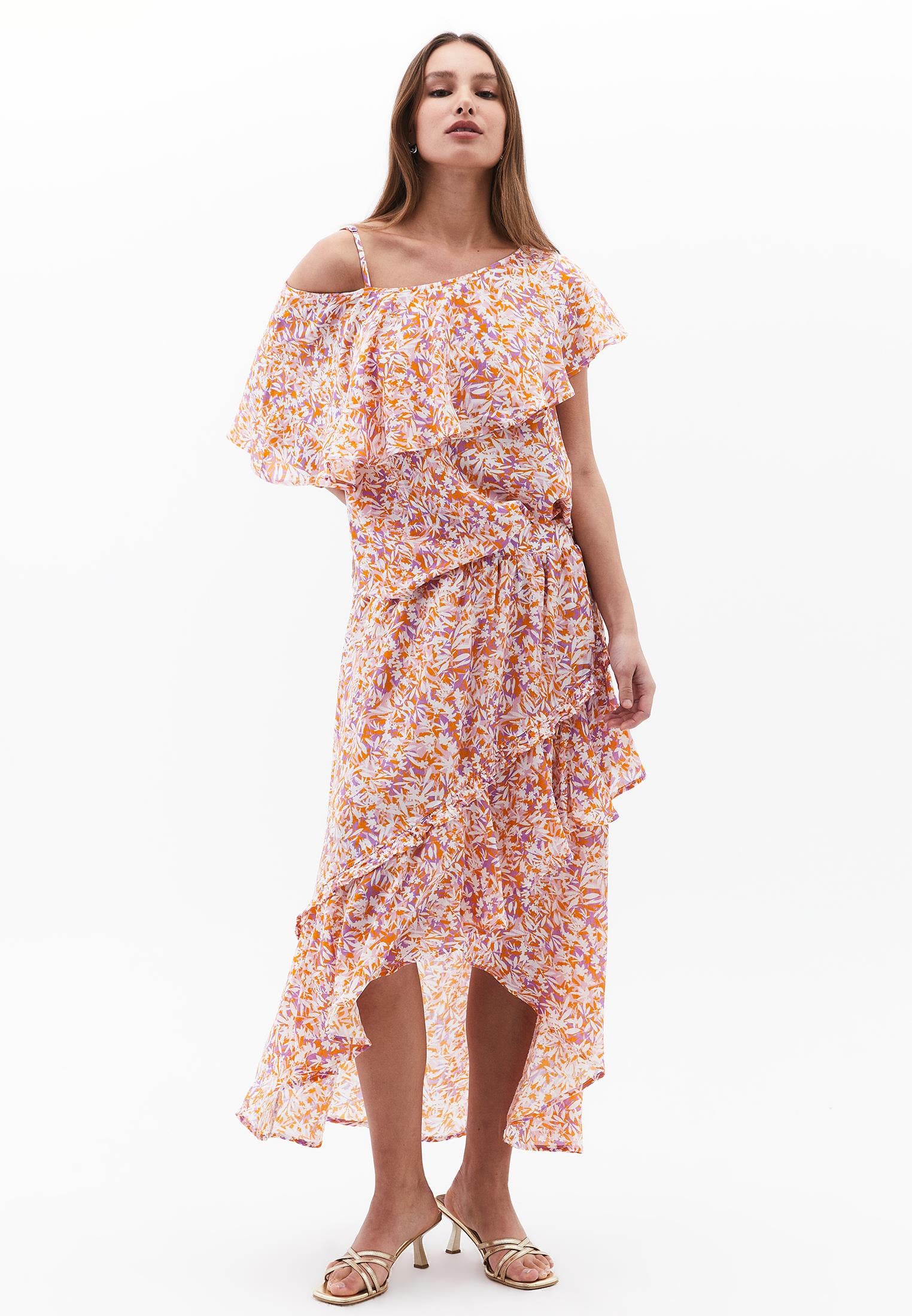 Low Shoulder Sleeveless Ruffle Detailed Blouse - FLORAL PRINT