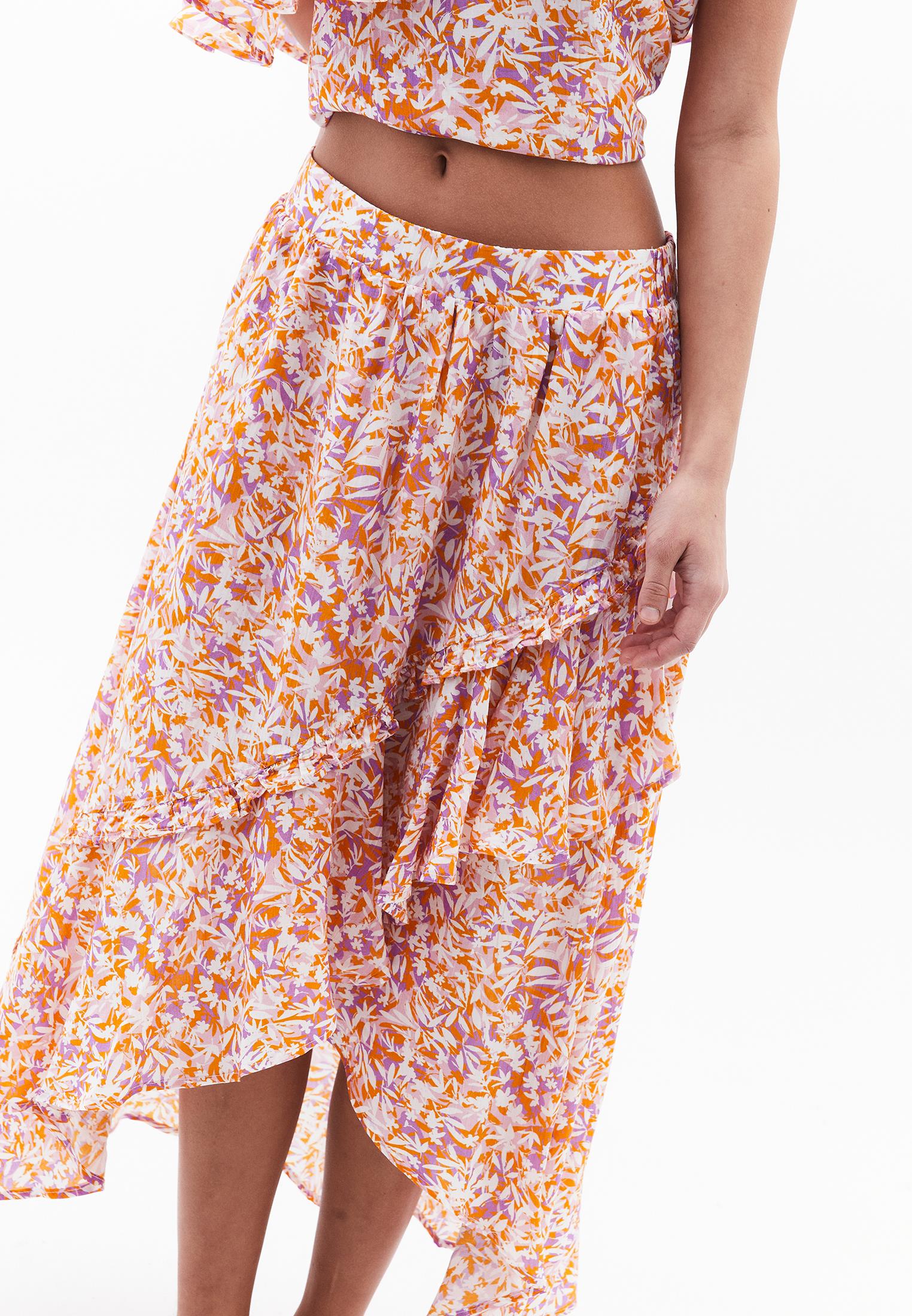 Long High Waist Ruffled A-Line Skirt - FLORAL PRINT