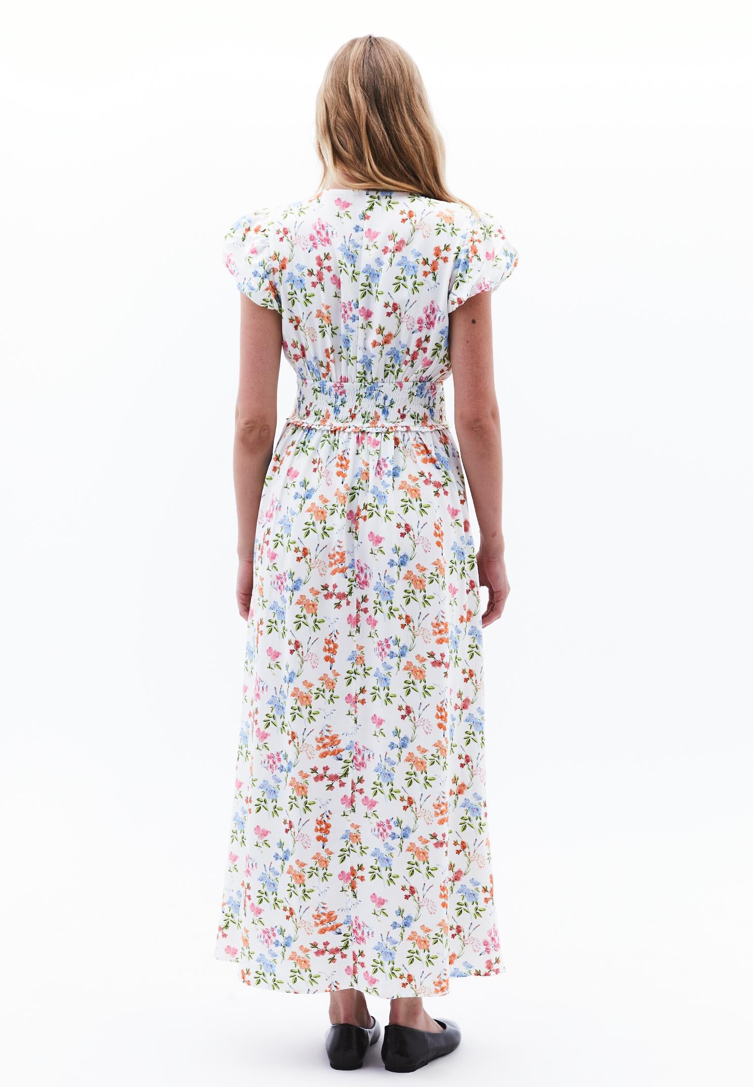 V Neck Balloon Sleeve Shirred Long Flared Dress - FLORAL PRINT