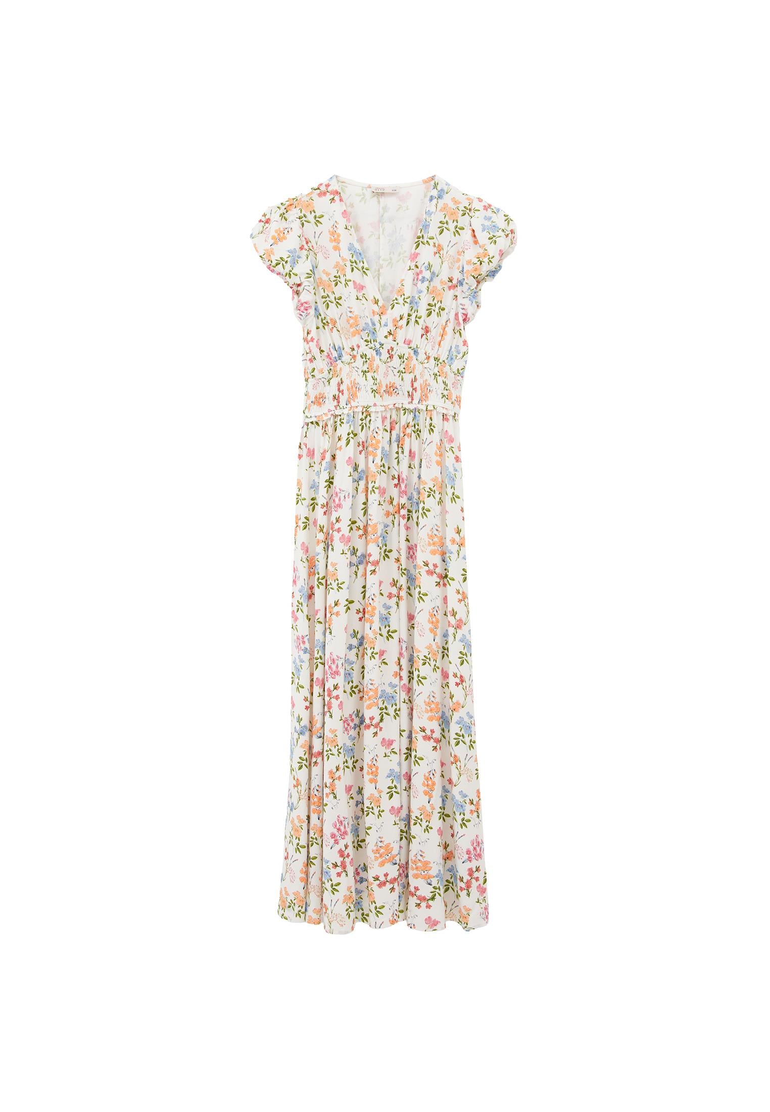 V Neck Balloon Sleeve Shirred Long Flared Dress - FLORAL PRINT