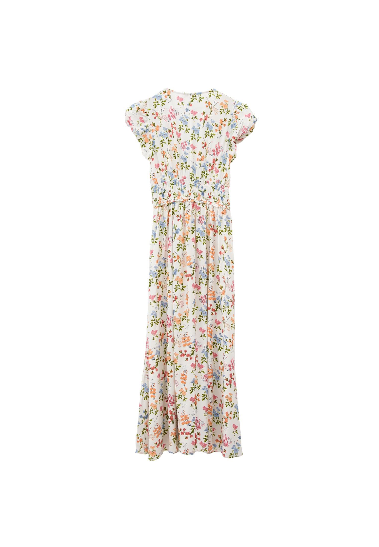 V Neck Balloon Sleeve Shirred Long Flared Dress - FLORAL PRINT