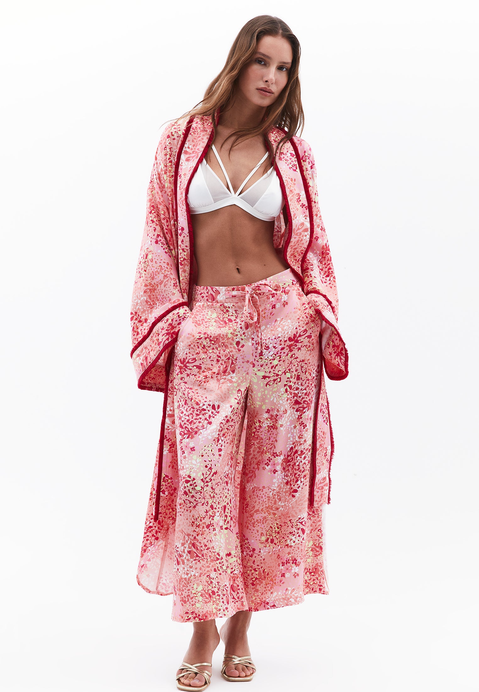 Wide Leg Printed High Waist Pants - FLOWER COMB