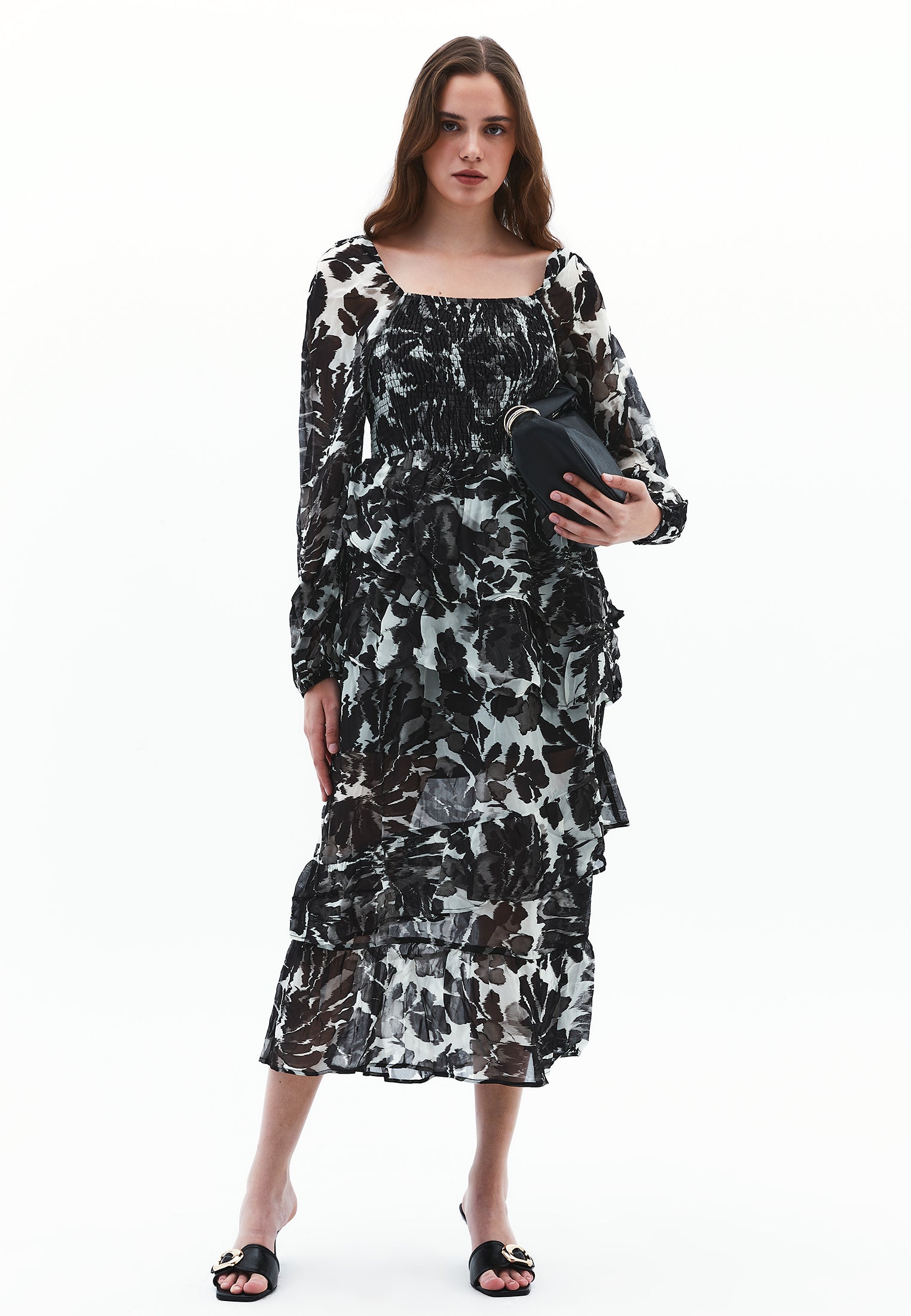 Square Neck Balloon Sleeve Long Dress - FLOWER COMB