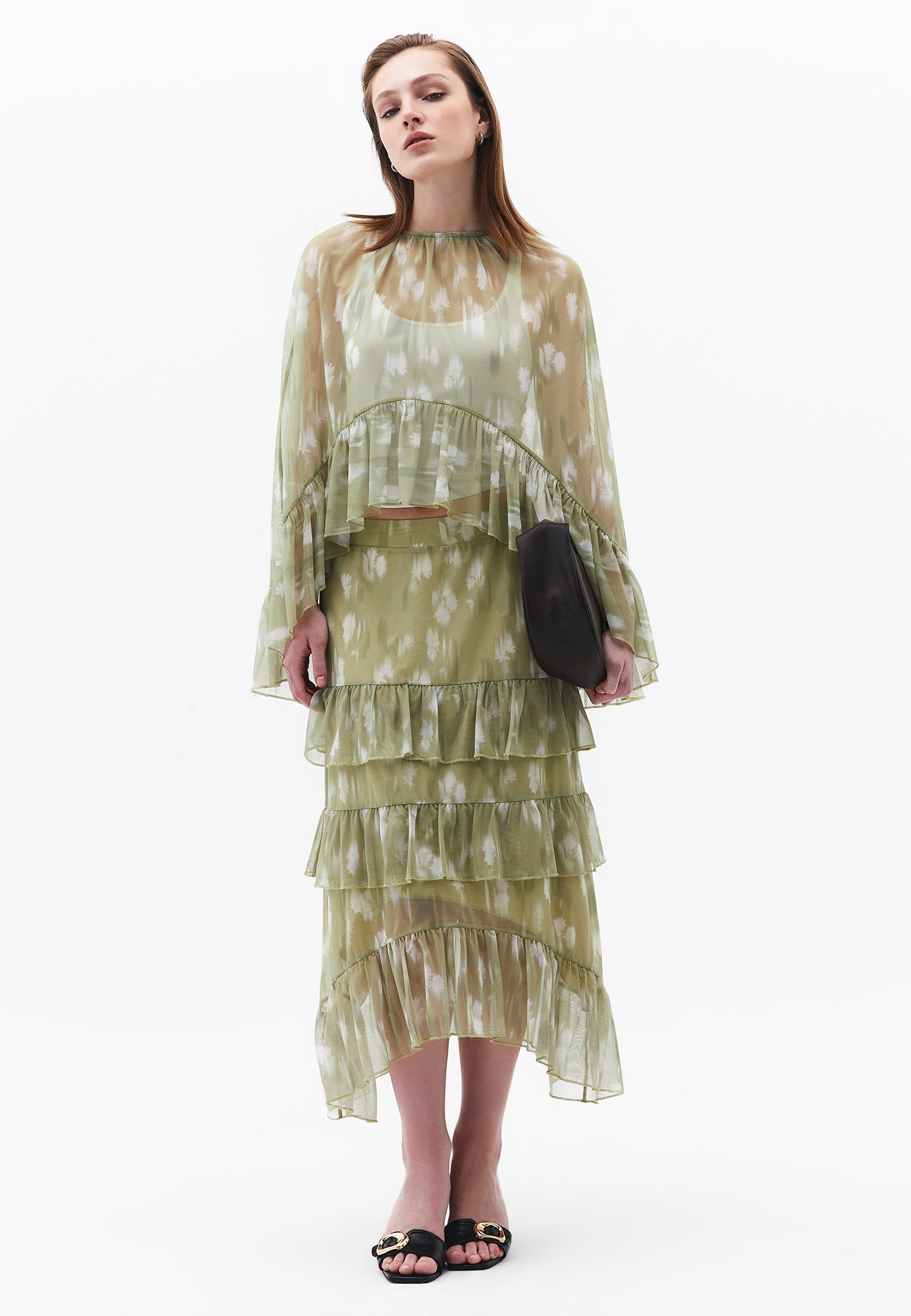 Long High Waist Printed Ruffled Skirt - FLOWER COMB