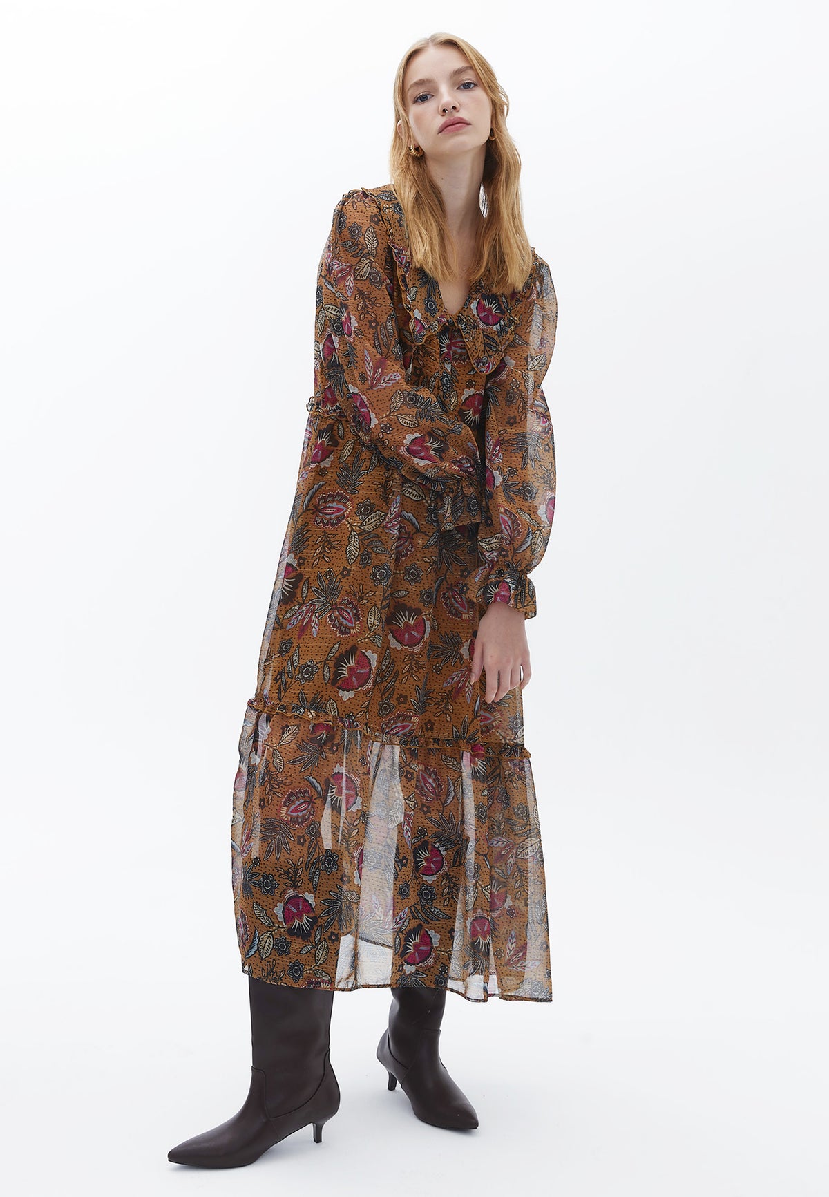 Long Sleeve Glitter Printed Long Dress - FLOWER COMB