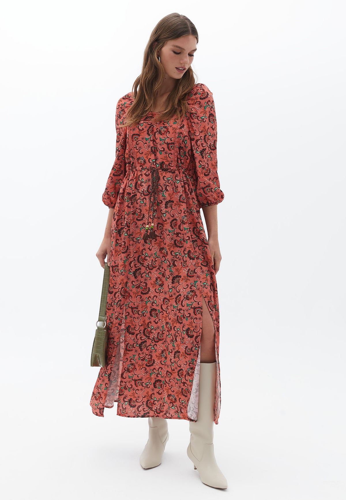 Square Neck Long Woven Dress - FLOWER COMB