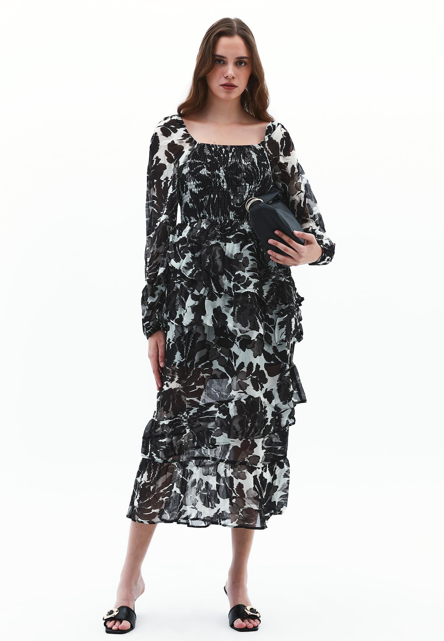 Square Neck Balloon Sleeve Long Dress - FLOWER COMB