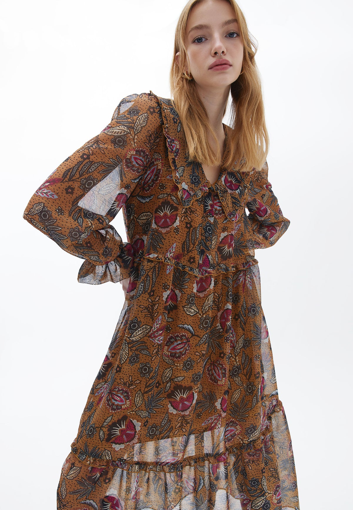 Long Sleeve Glitter Printed Long Dress - FLOWER COMB