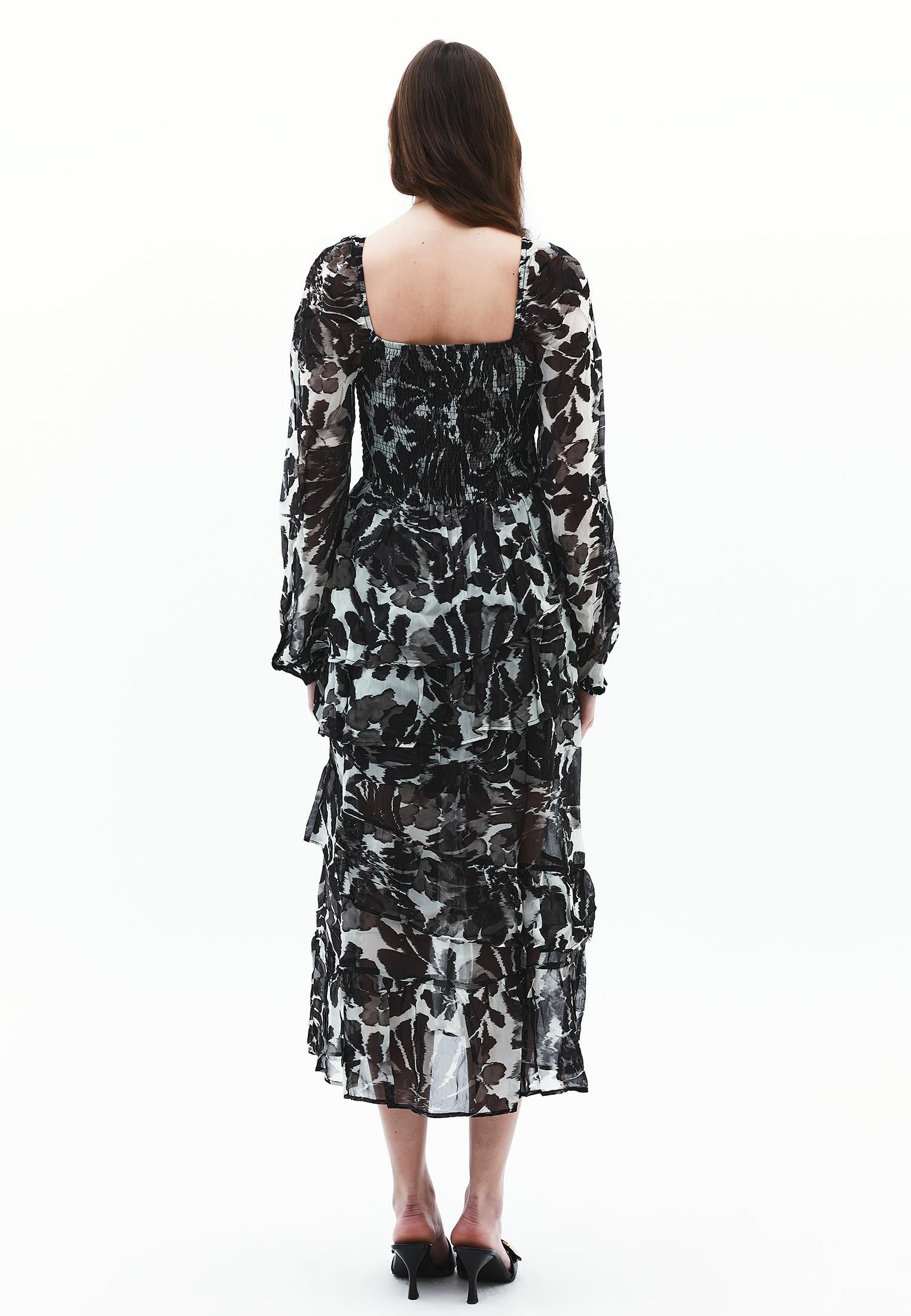 Square Neck Balloon Sleeve Long Dress - FLOWER COMB