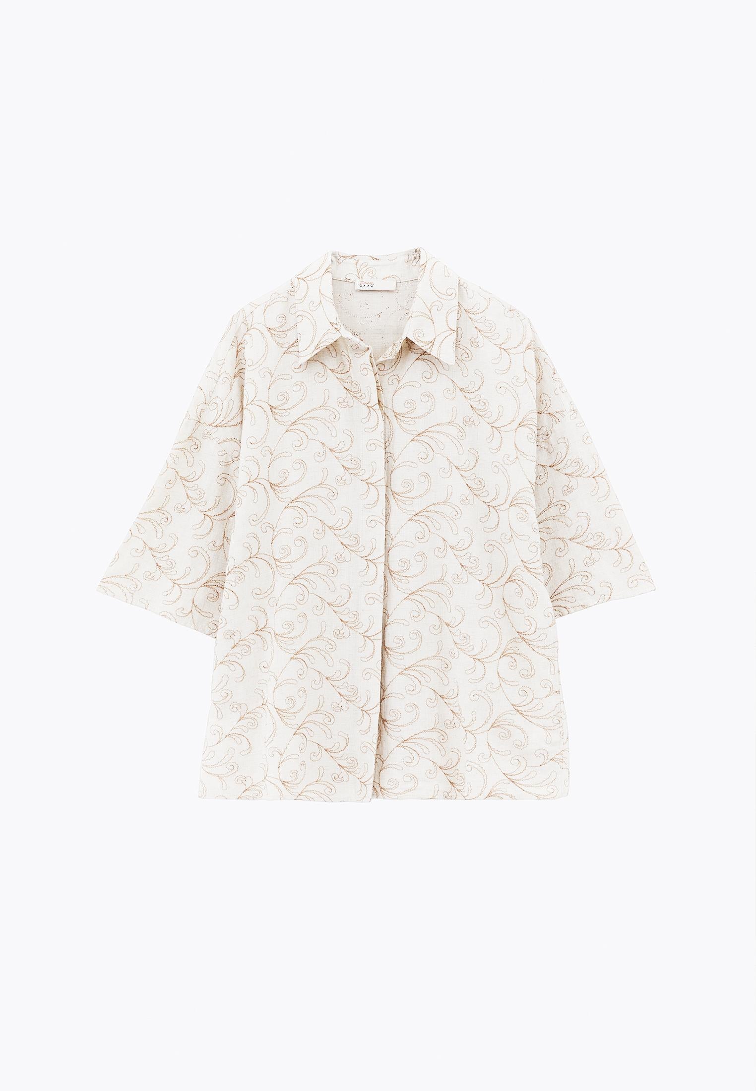 Shirt Collar Embroidered Tunic Shirt - FLOWER COMB