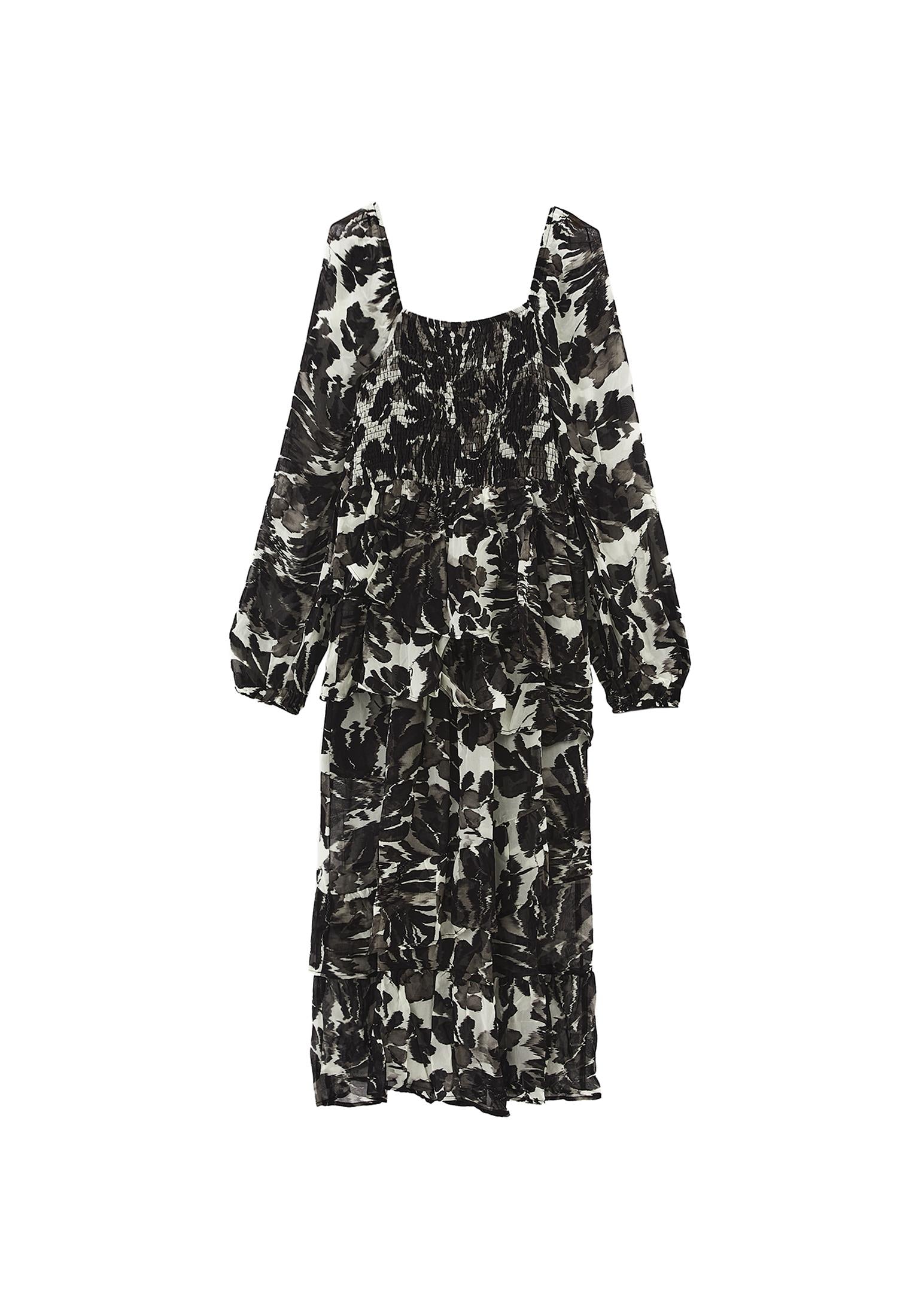 Square Neck Balloon Sleeve Long Dress - FLOWER COMB
