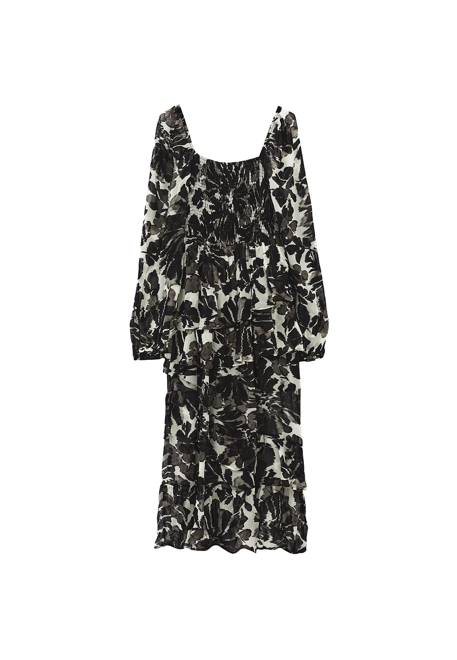 Square Neck Balloon Sleeve Long Dress - FLOWER COMB
