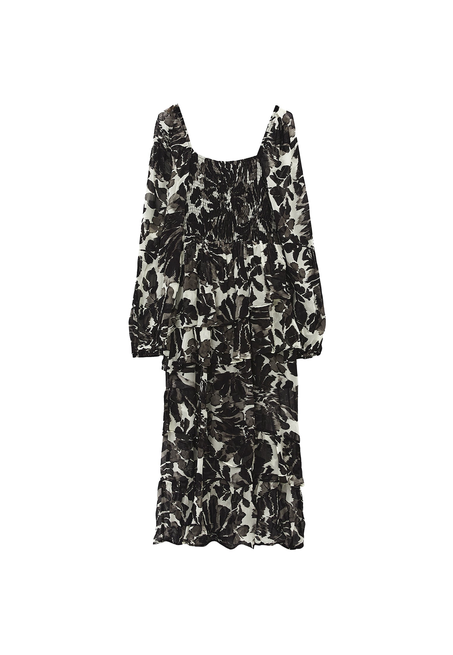 Square Neck Balloon Sleeve Long Dress - FLOWER COMB