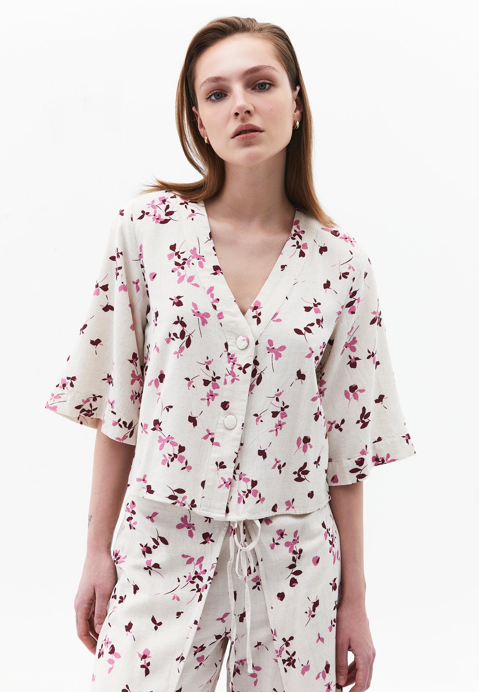 V Neck Button Detailed Blouse - FLOWER PRINT