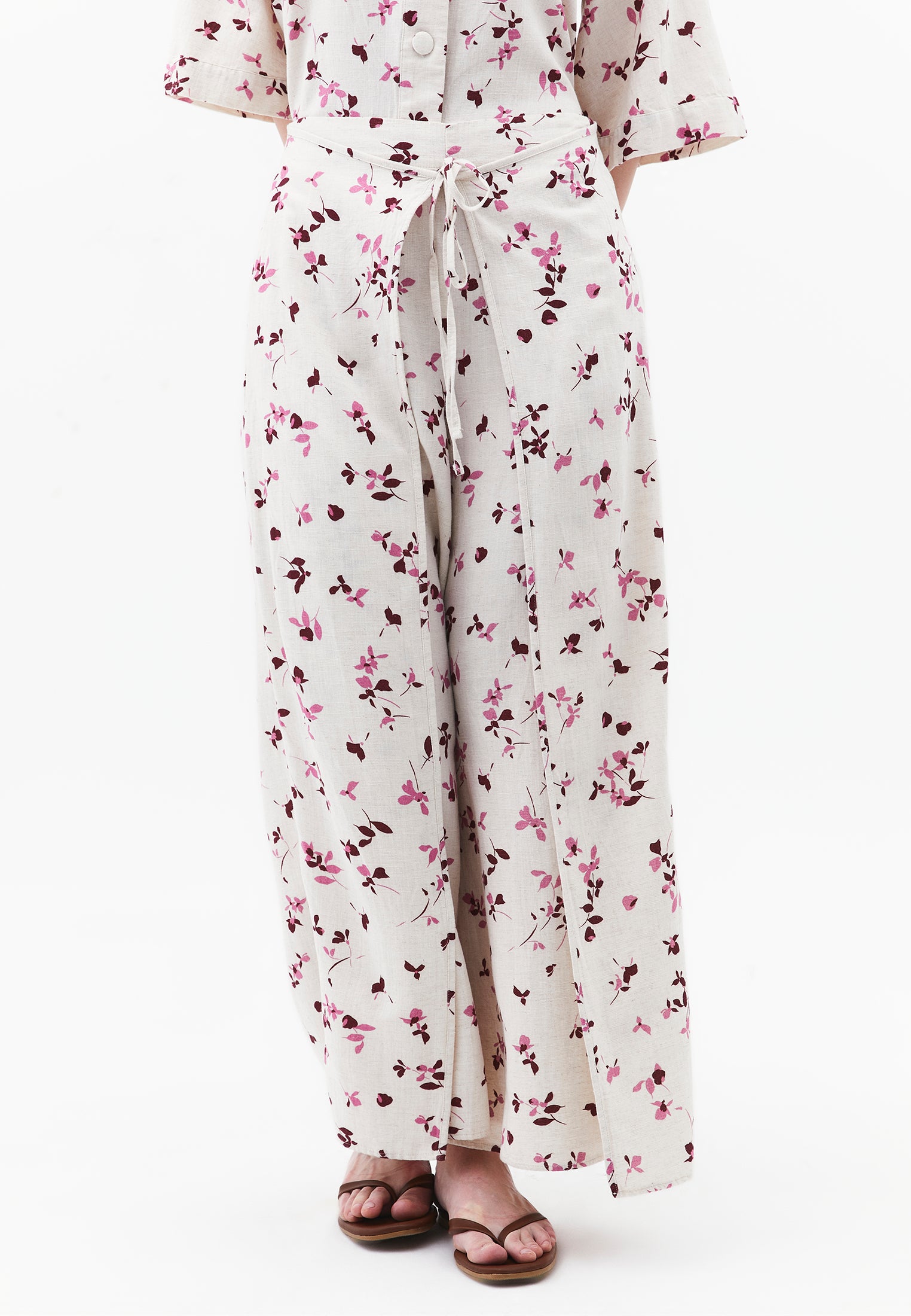 Wide Leg High Waist Trouser With Tie - FLOWER PRINT