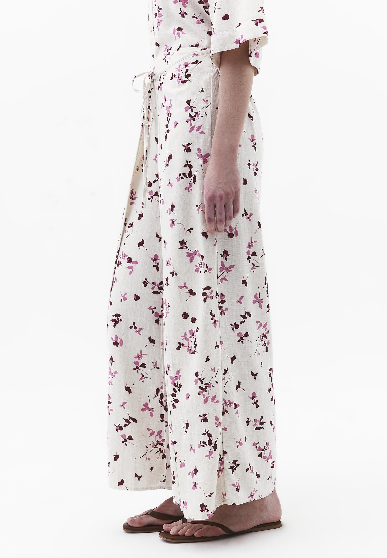 Wide Leg High Waist Trouser With Tie - FLOWER PRINT