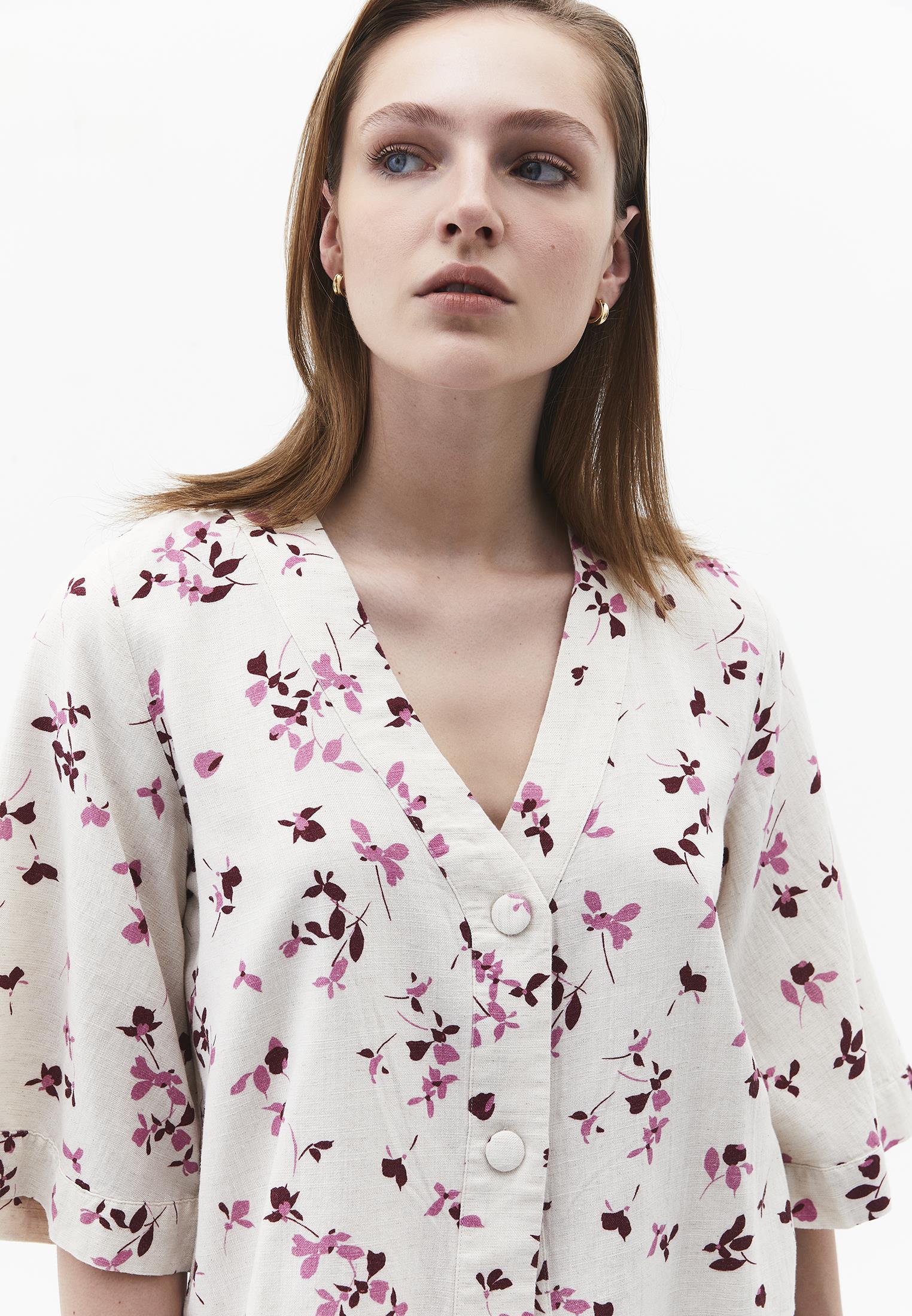 V Neck Button Detailed Blouse - FLOWER PRINT