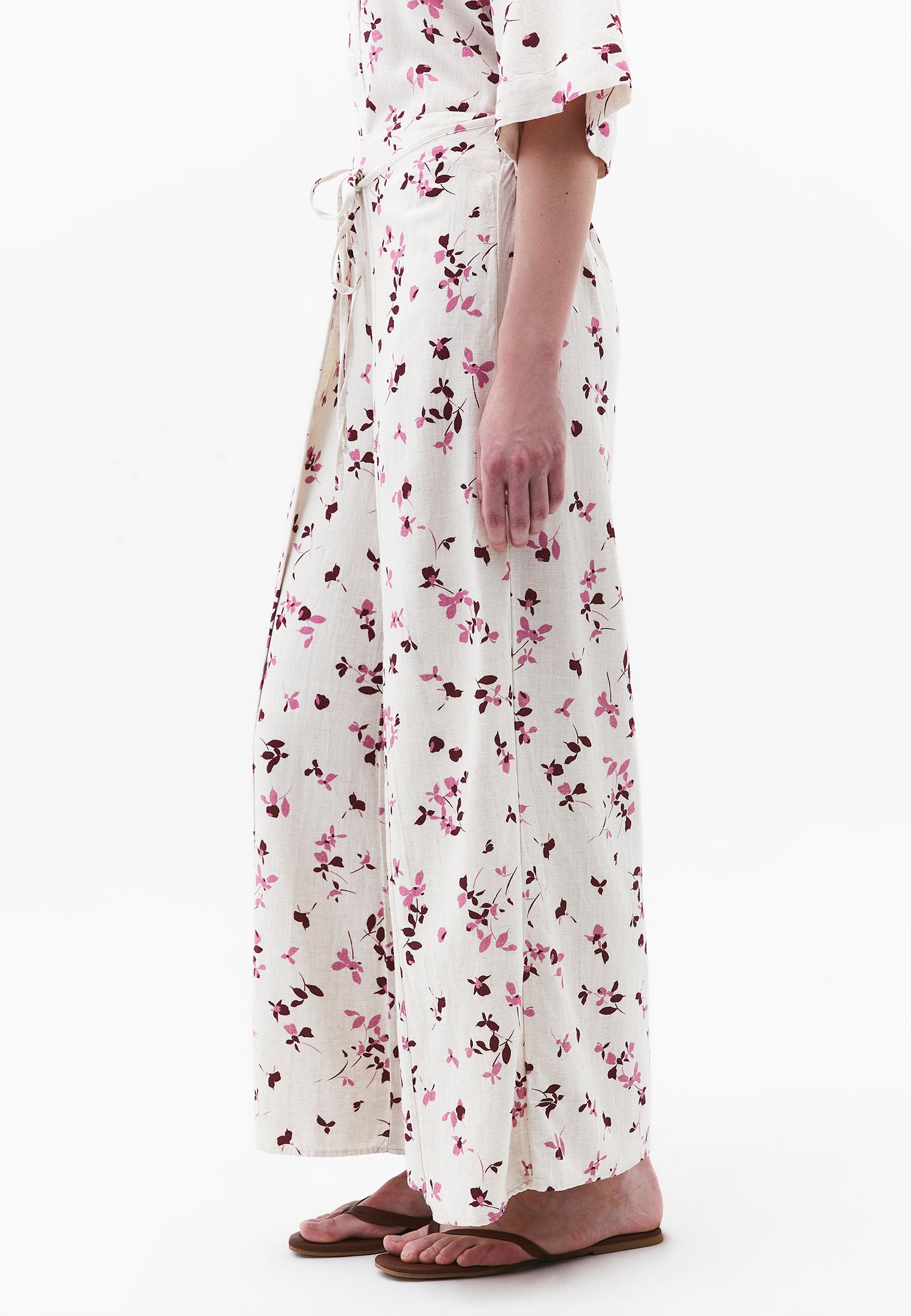Wide Leg High Waist Trouser With Tie - FLOWER PRINT