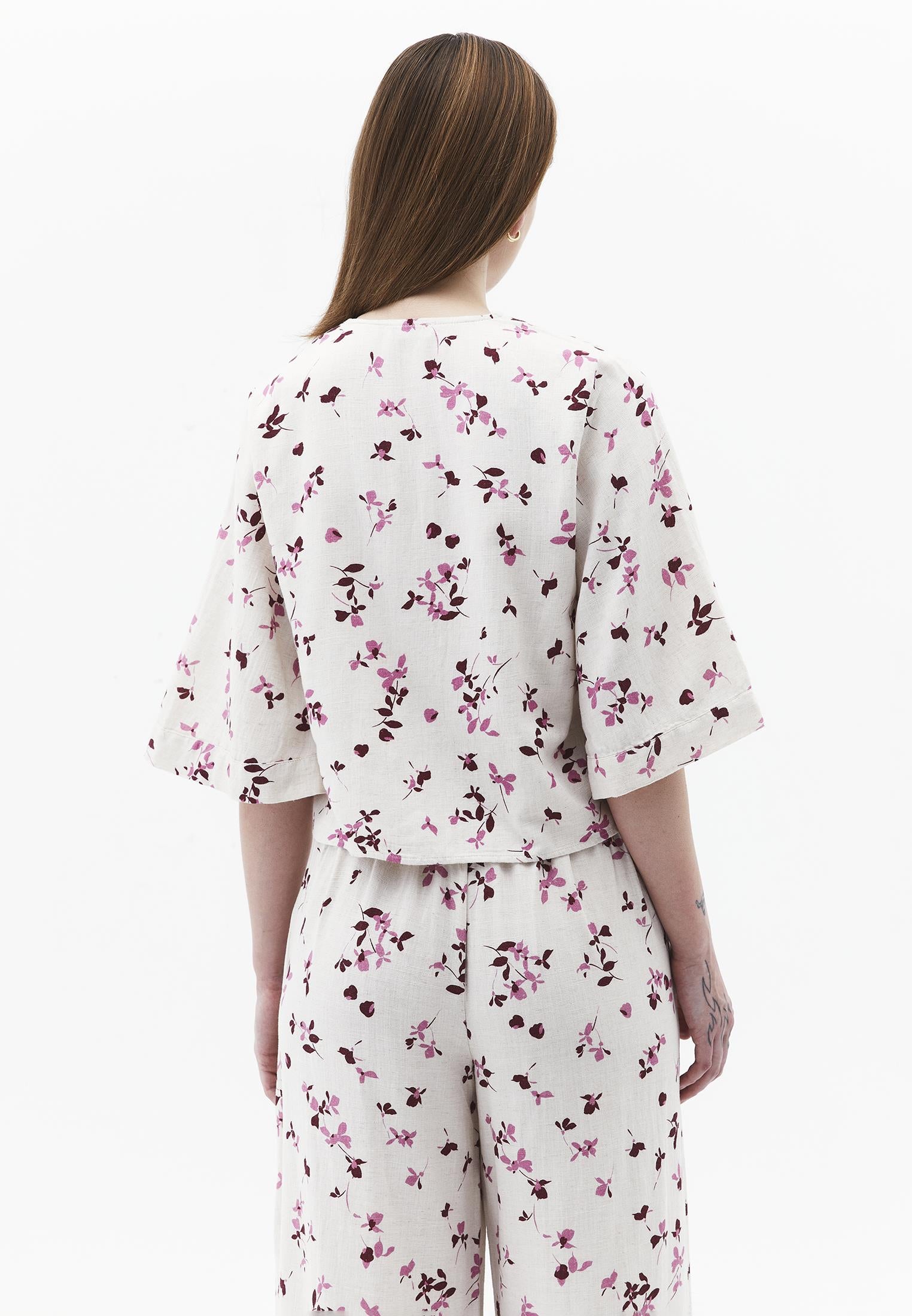 V Neck Button Detailed Blouse - FLOWER PRINT