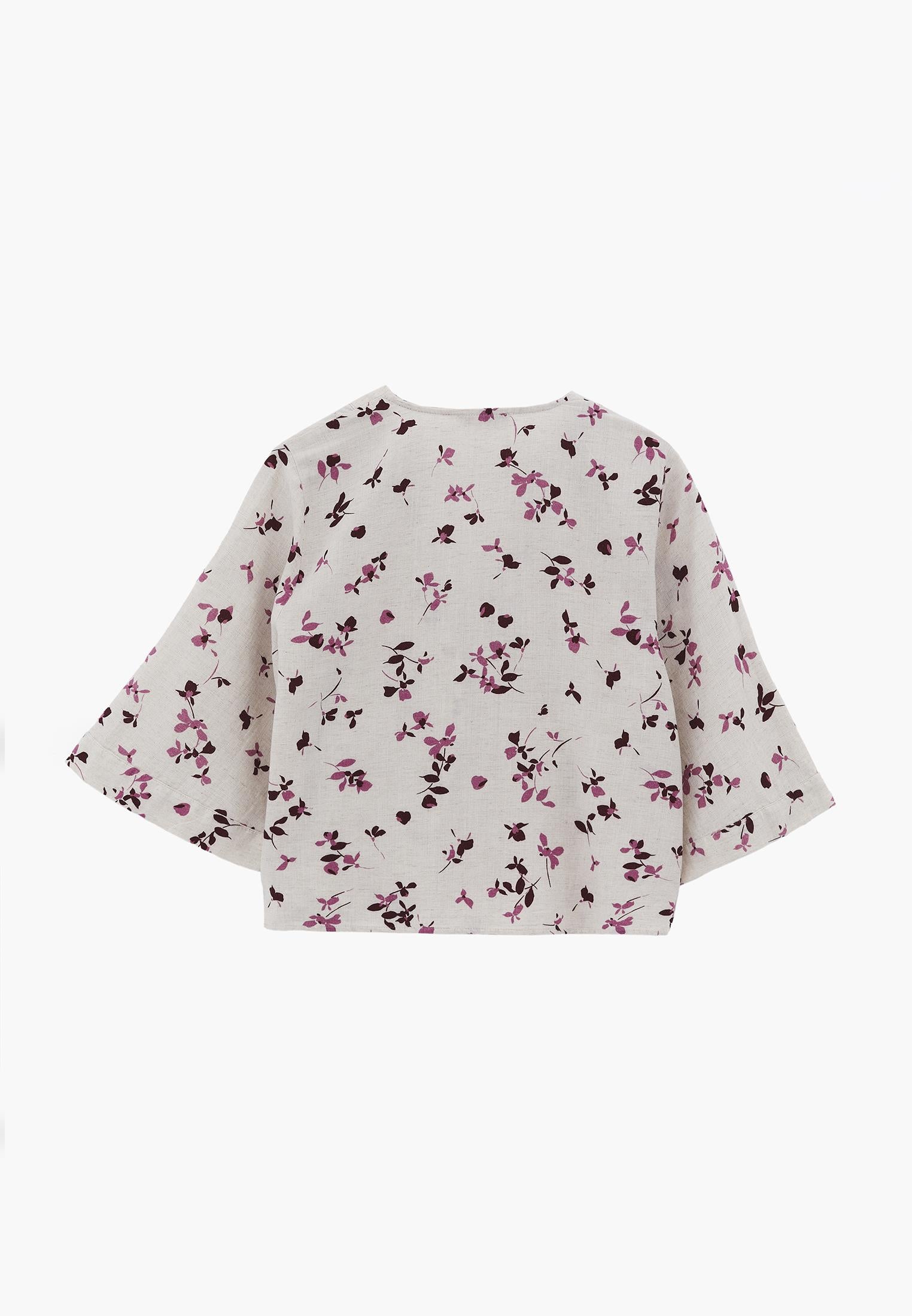 V Neck Button Detailed Blouse - FLOWER PRINT