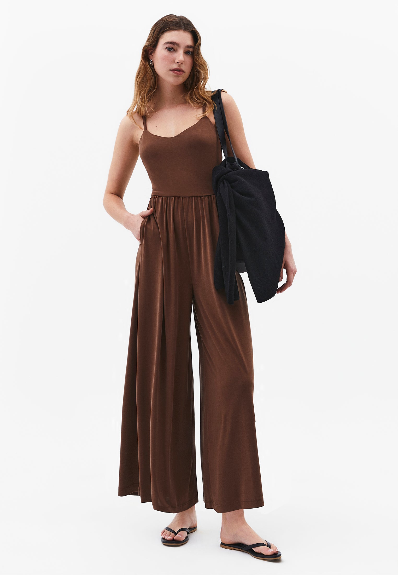 V Neck Long Jumpsuit - FONDUE FUDGE