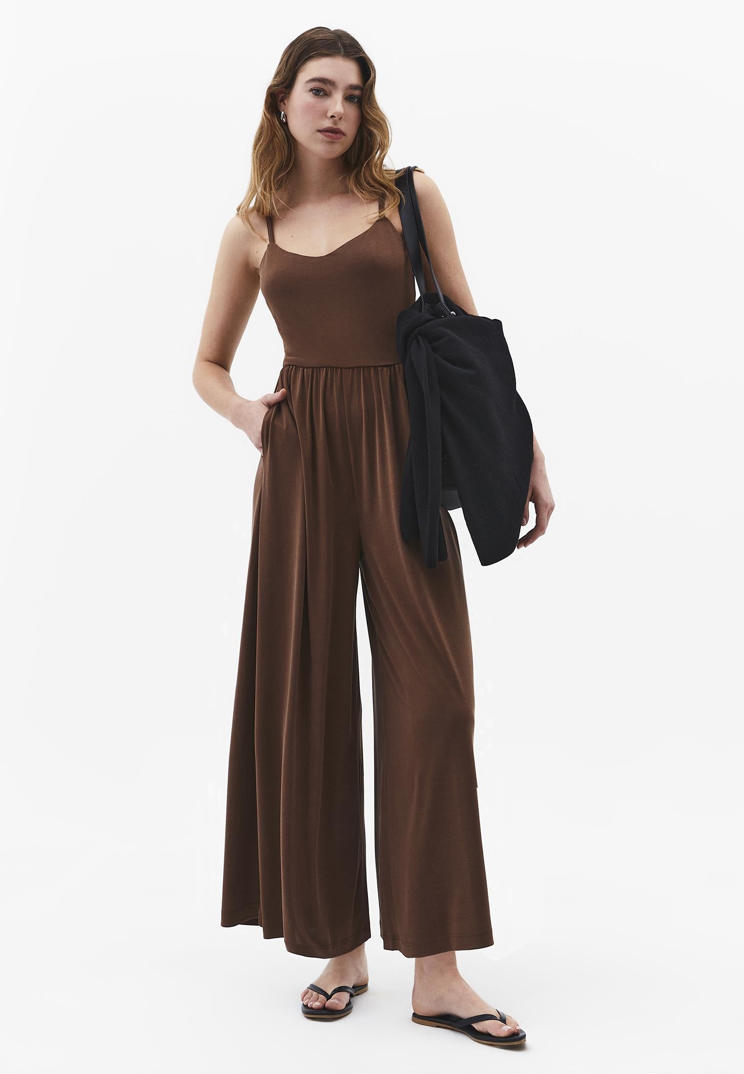 V Neck Long Jumpsuit - FONDUE FUDGE