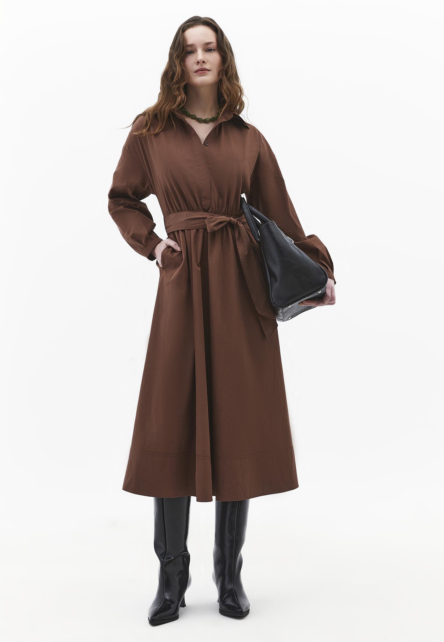 Shirt Collar Belt Detailed Long Dress - FONDUE FUDGE