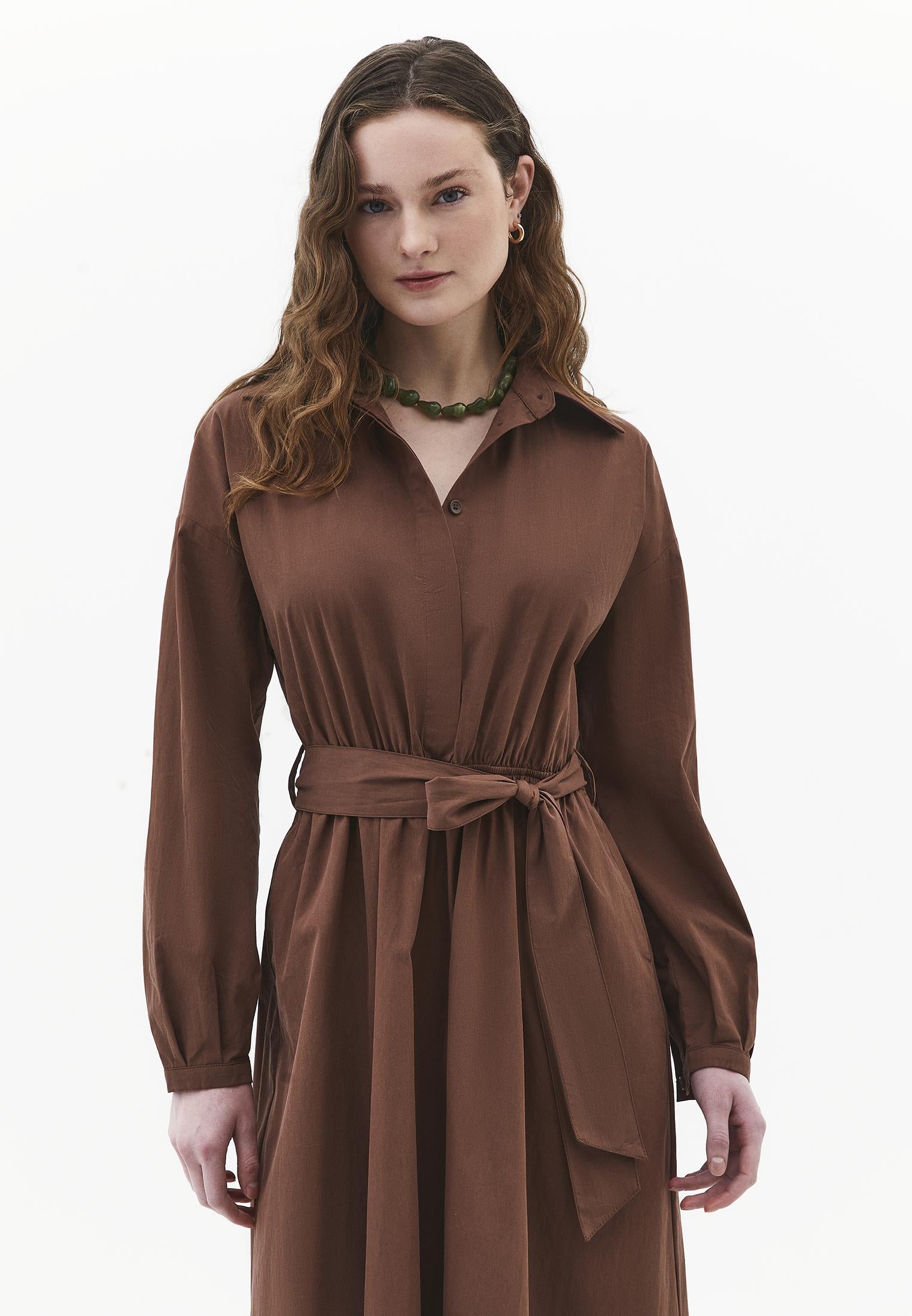 Shirt Collar Belt Detailed Long Dress - FONDUE FUDGE