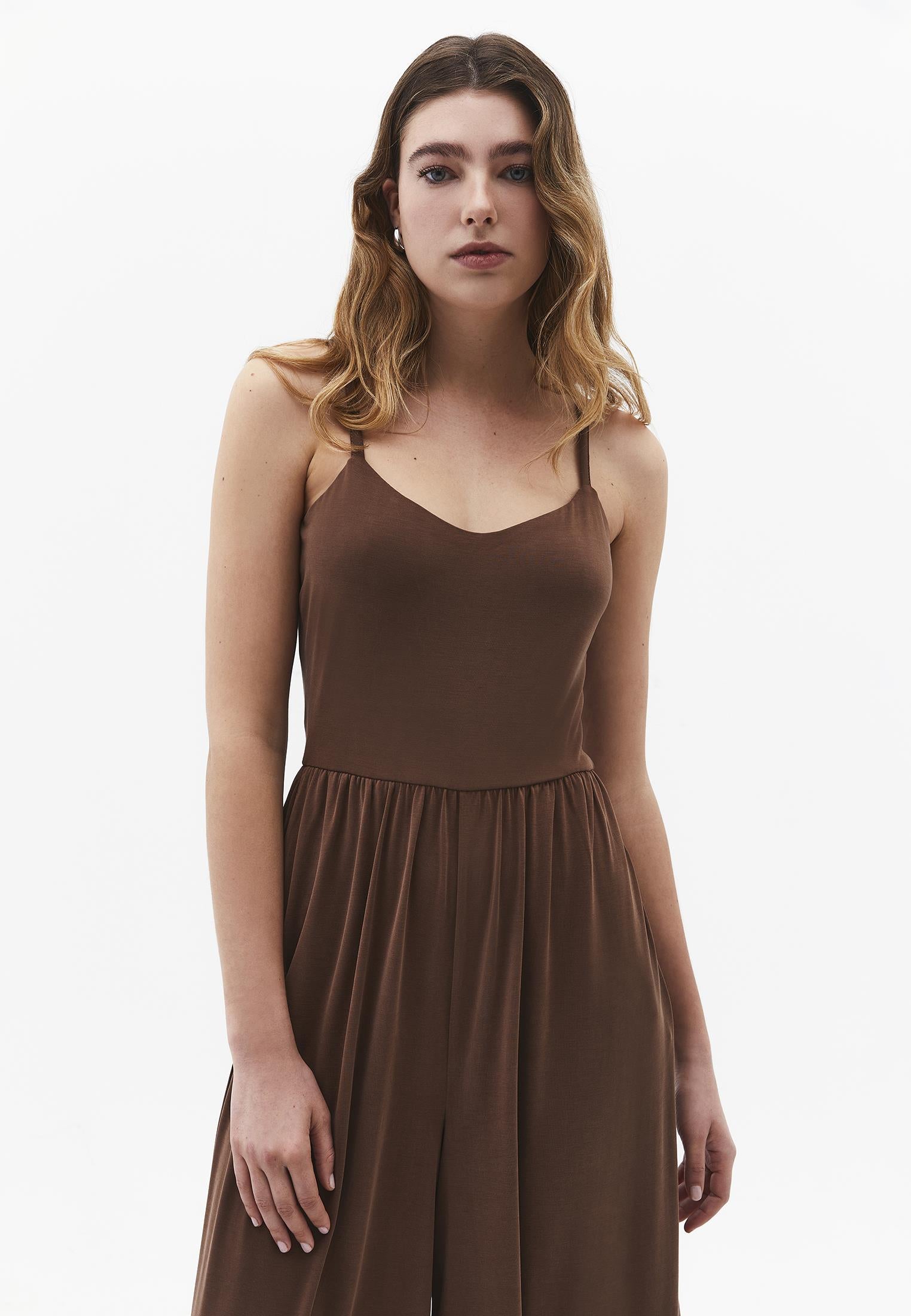 V Neck Long Jumpsuit - FONDUE FUDGE