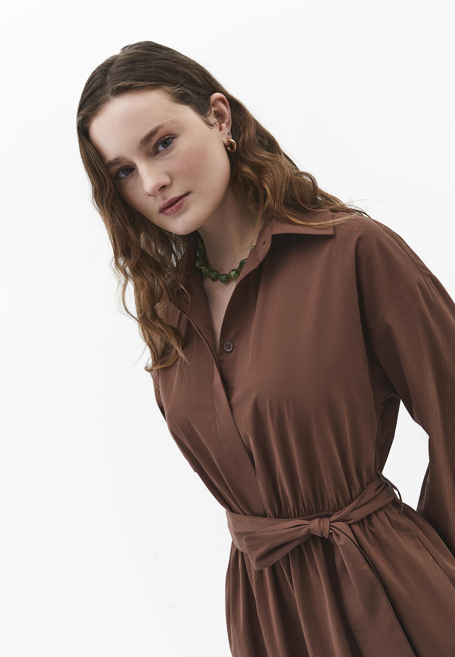 Shirt Collar Belt Detailed Long Dress - FONDUE FUDGE