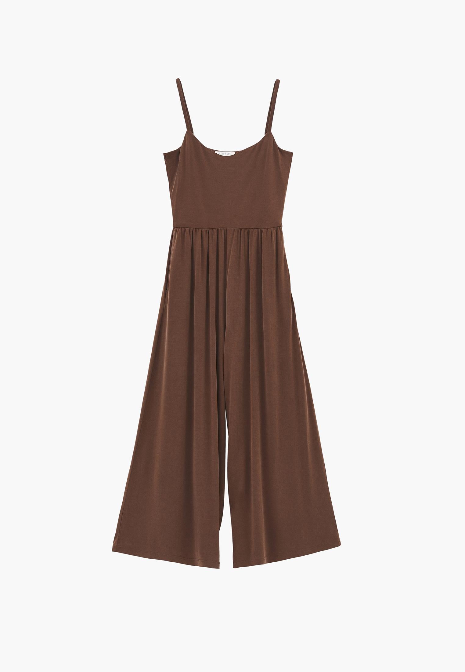V Neck Long Jumpsuit - FONDUE FUDGE
