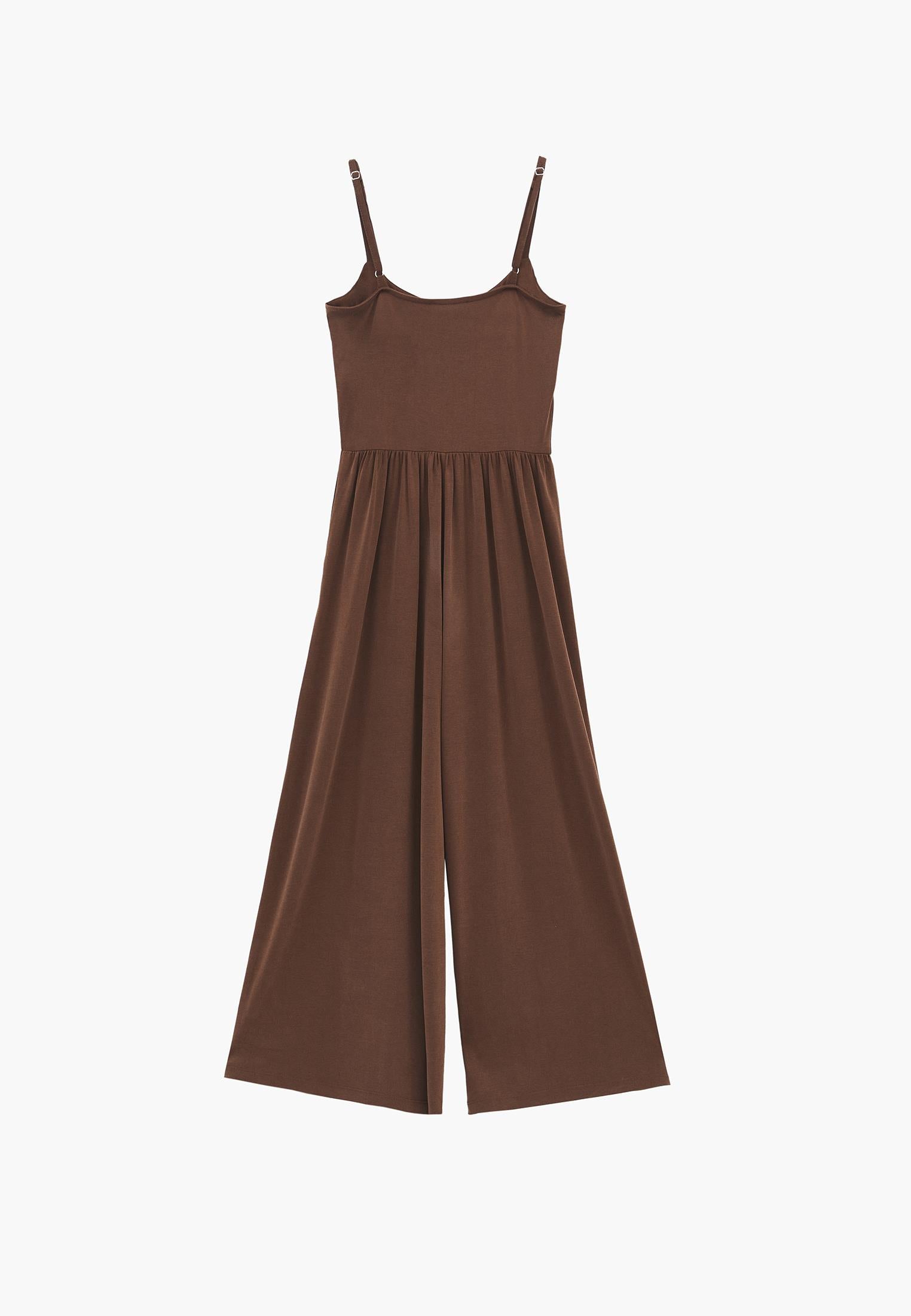 V Neck Long Jumpsuit - FONDUE FUDGE