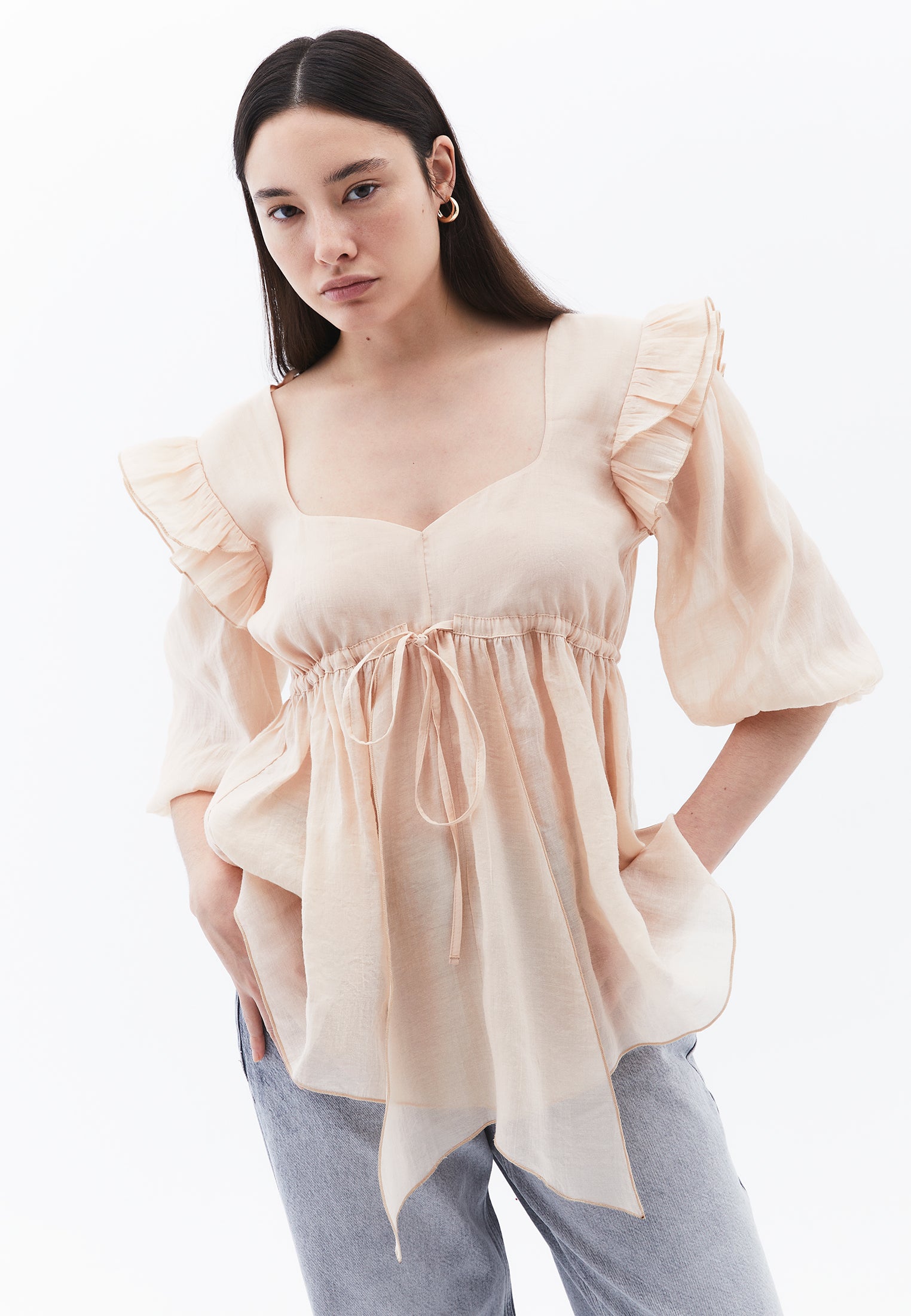 Deep V Neck Ruffle Tie Blouse - FRAPPE