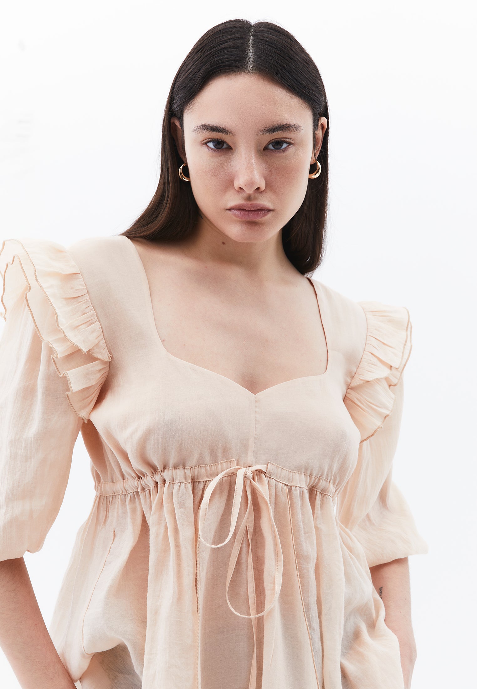 Deep V Neck Ruffle Tie Blouse - FRAPPE