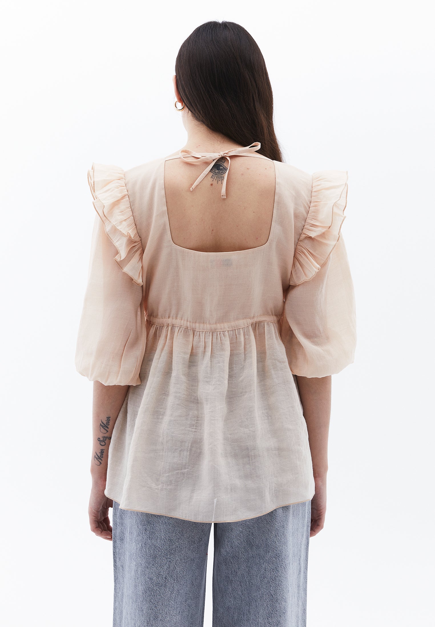Deep V Neck Ruffle Tie Blouse - FRAPPE