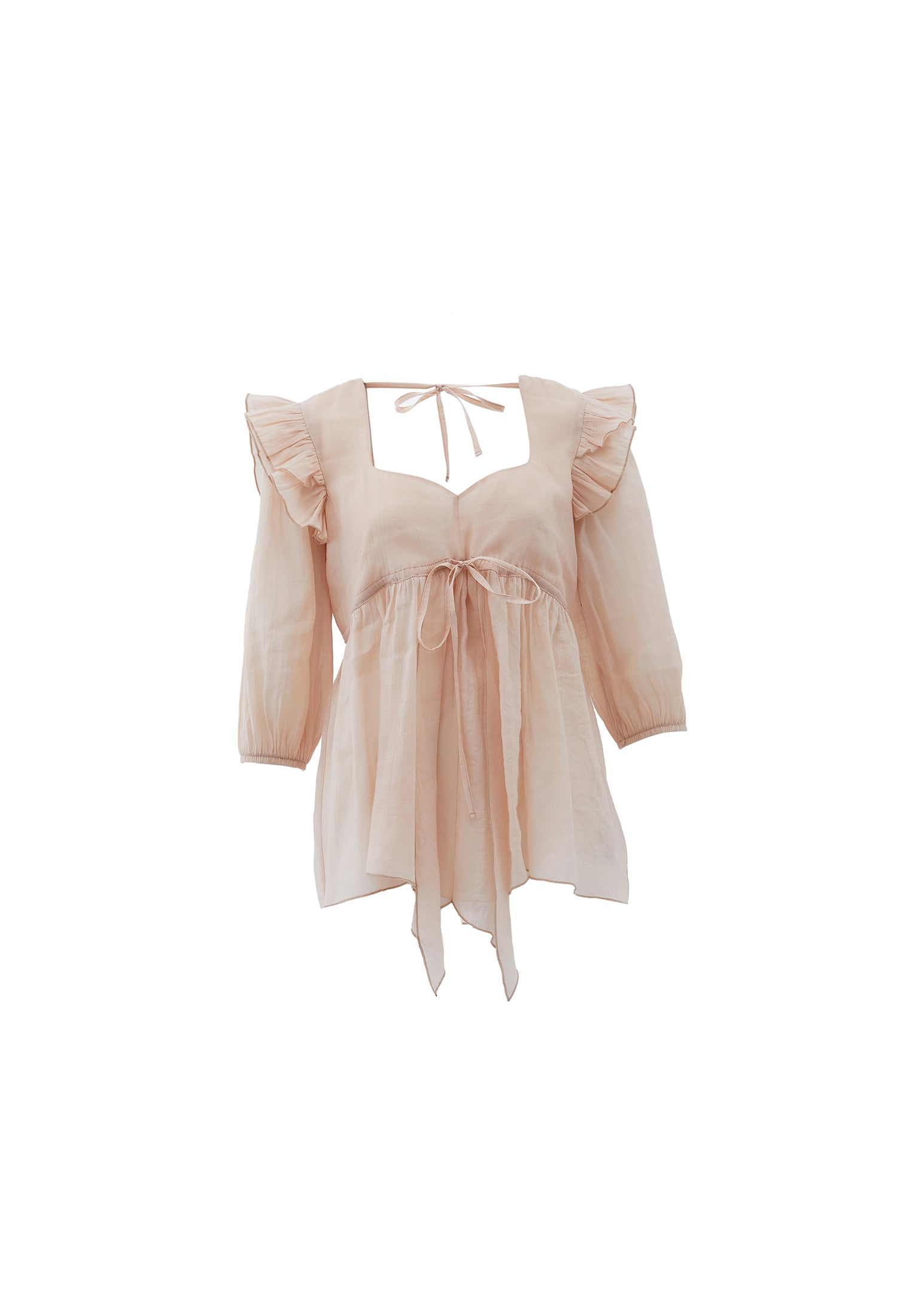 Deep V Neck Ruffle Tie Blouse - FRAPPE