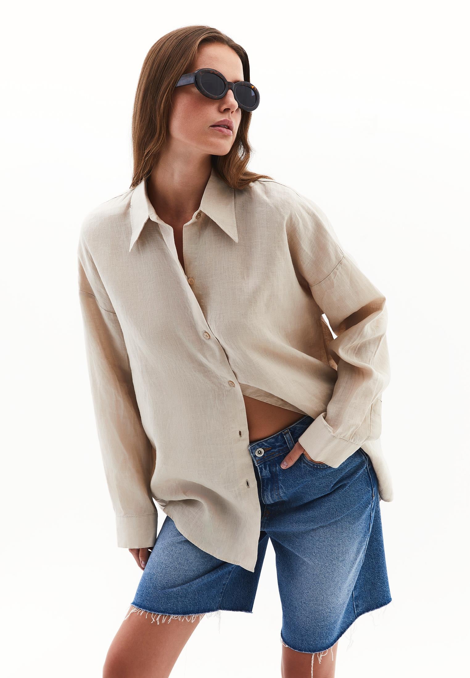 Linen Shirt With Large Fit And Buttons - FRENCH OAK