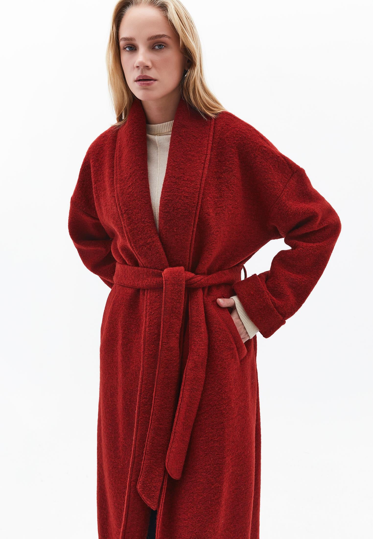 Long Coat With Shawl Collar And Belt Detail - FRIED BRICK