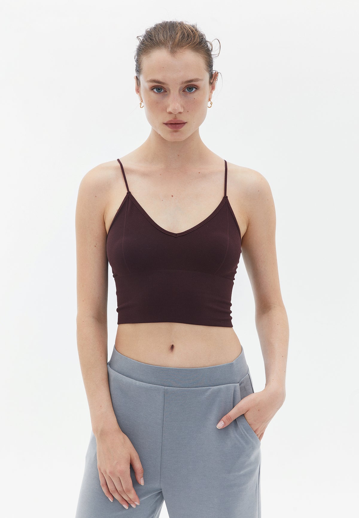 Seamless Camisole With V Neck And Straps - FUDGE