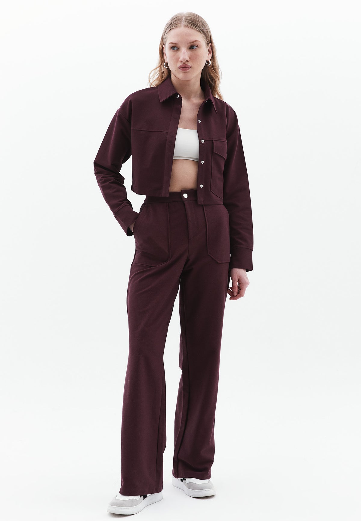 Long Sleeved Pocket Detailed Crop Sweatshirt - FUDGE