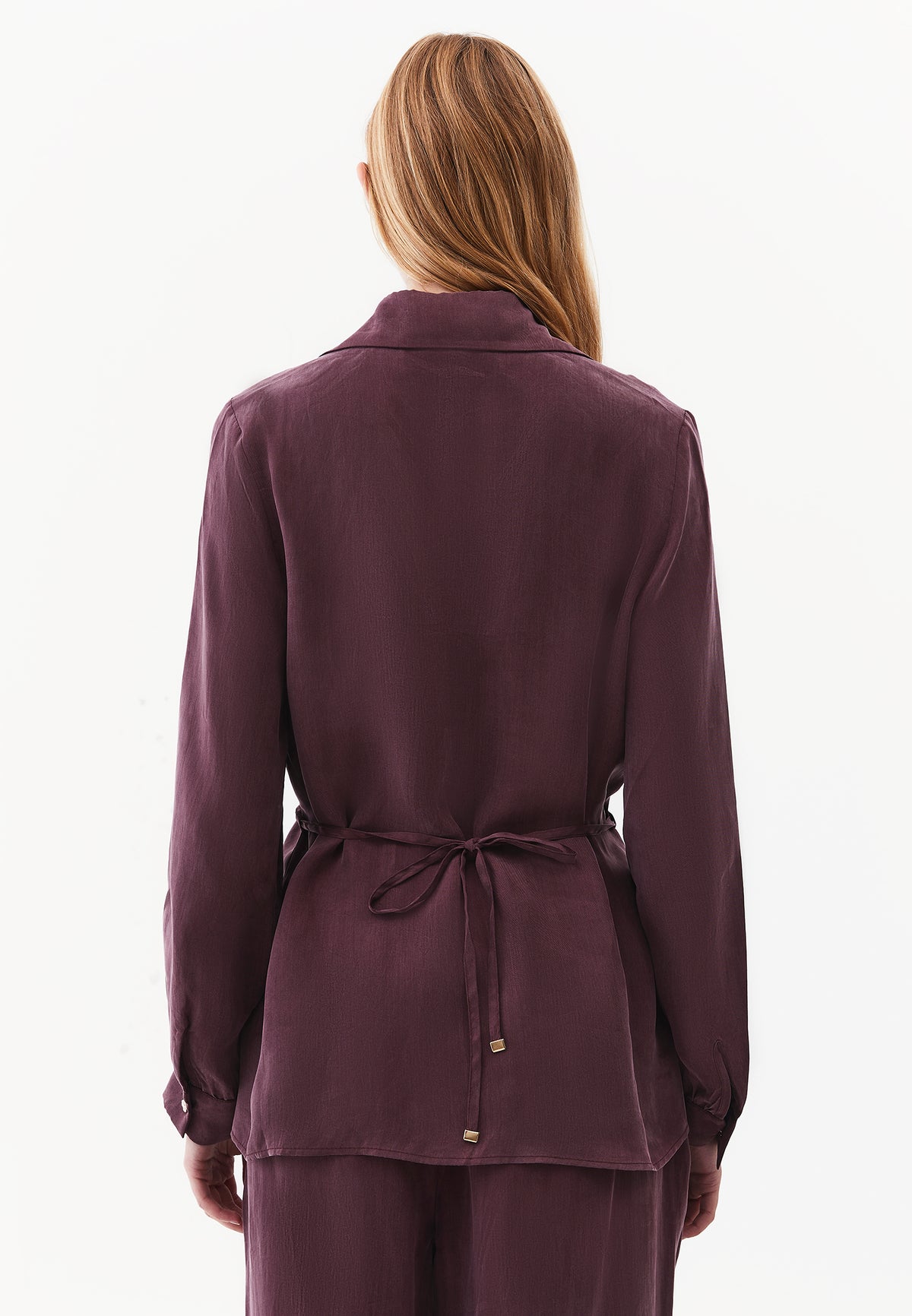 Shirt Collar Long Sleeve Shirt with Belt and Button Detail - FUDGE