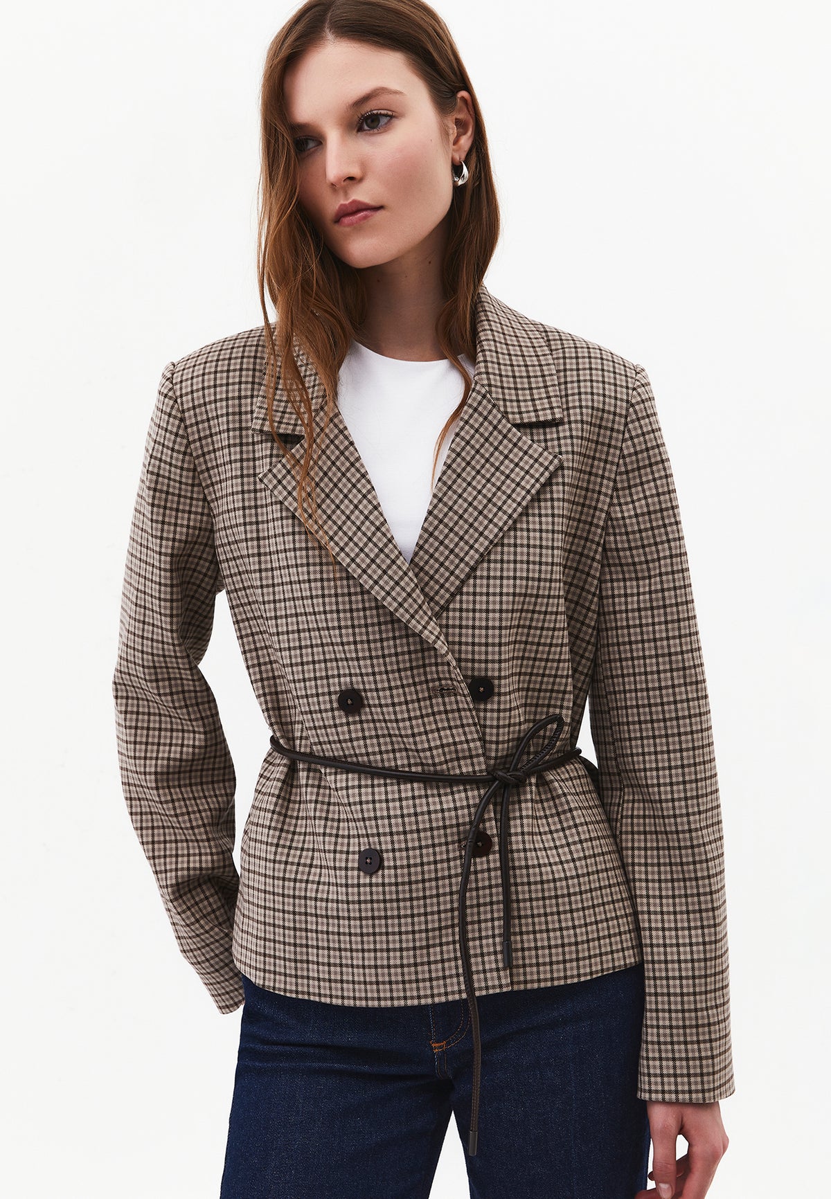 Standard Blazer Jacket with Belt Detail - GANACHE CHECK