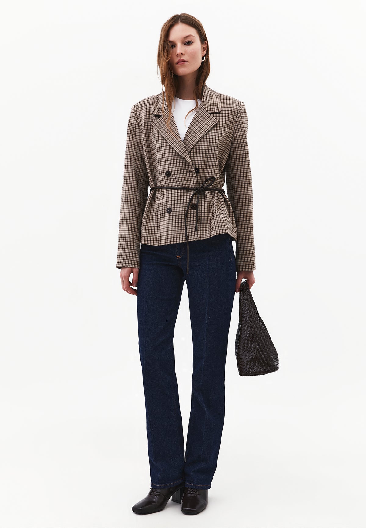 Standard Blazer Jacket with Belt Detail - GANACHE CHECK