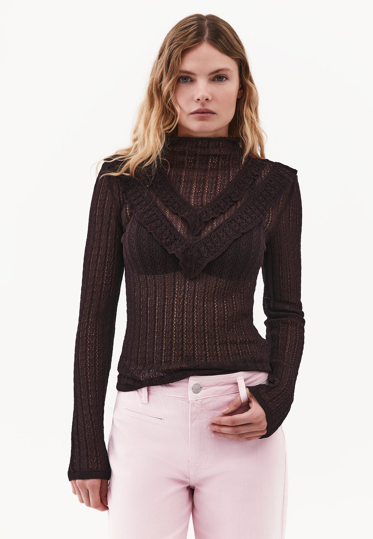 High Neck Long Sleeve Knit Sweater - GANACHE