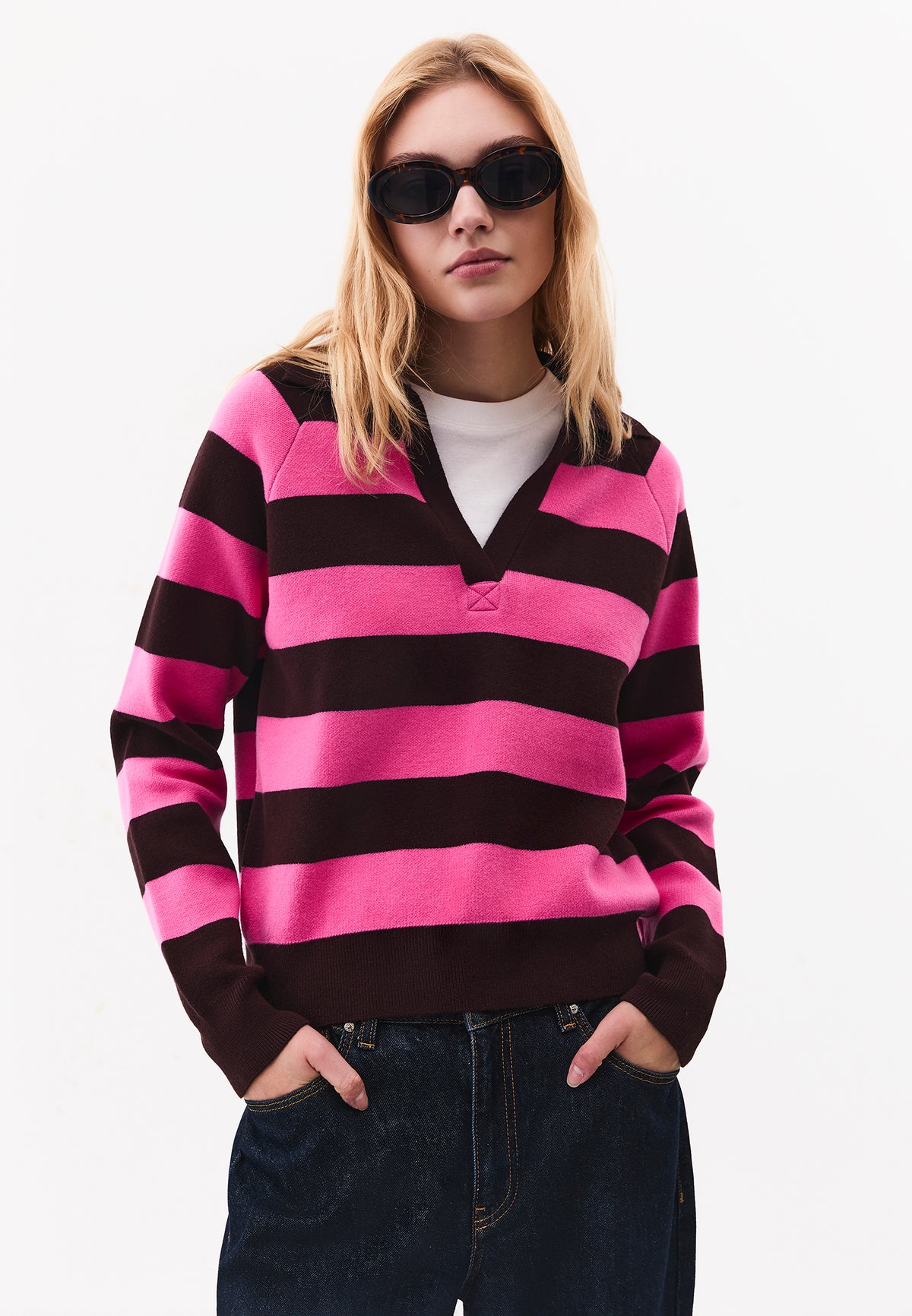 Striped Sweater with Polo Collar - PHLOX PINK/GANACHE
