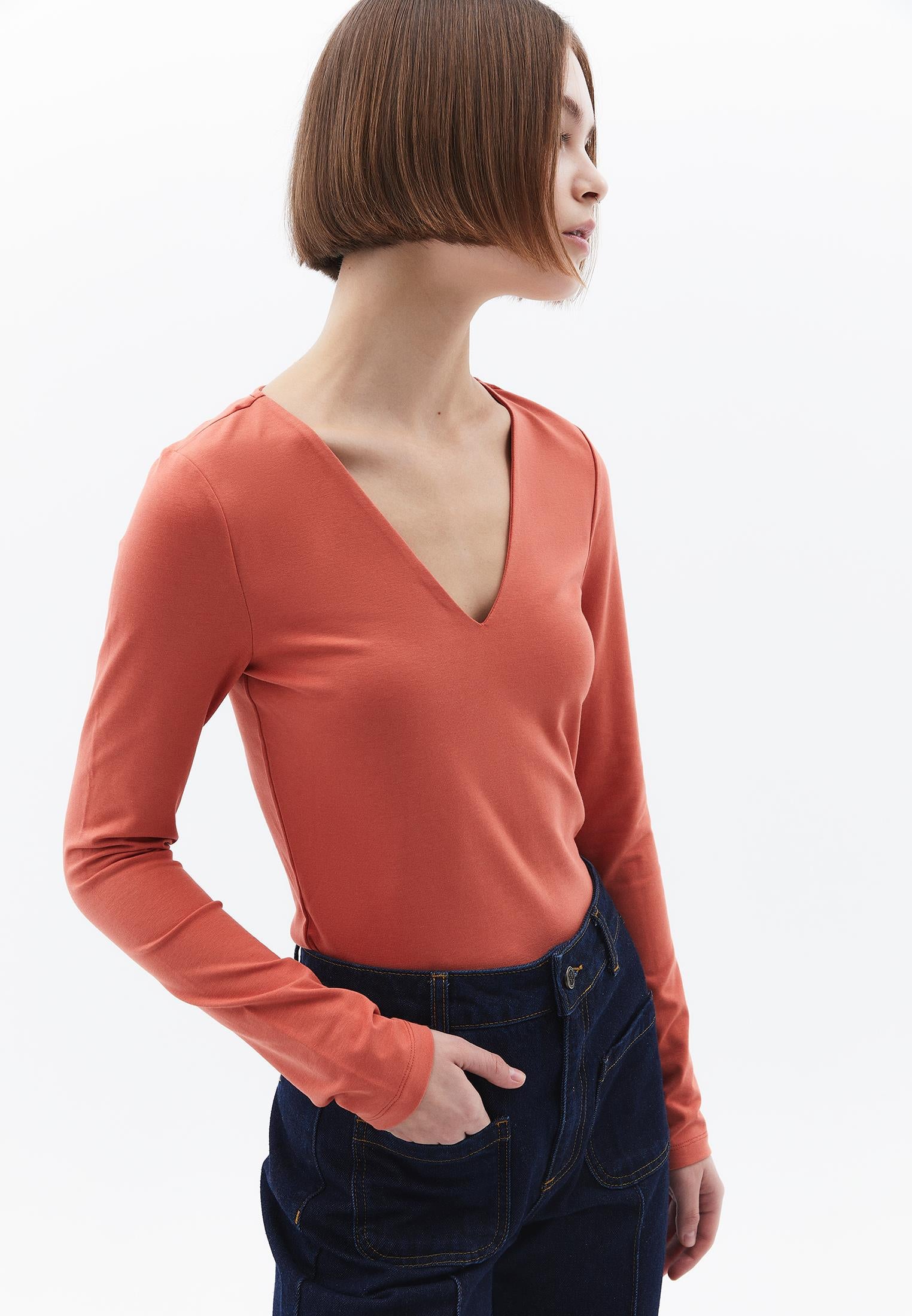 Long Sleeve V Neck Bodycon T-Shirt - GINGER SPICE
