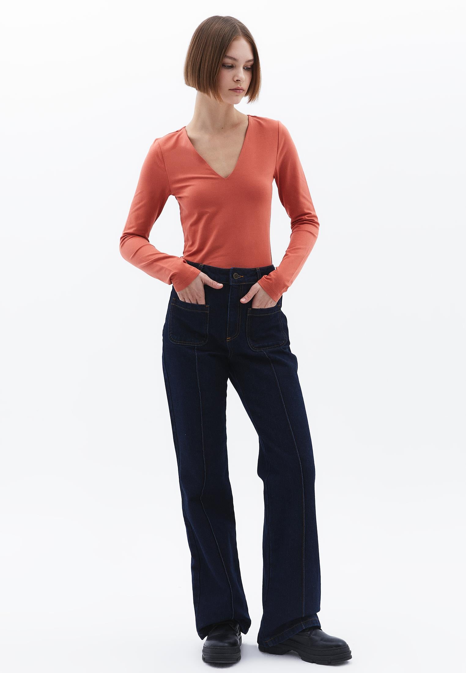Long Sleeve V Neck Bodycon T-Shirt - GINGER SPICE
