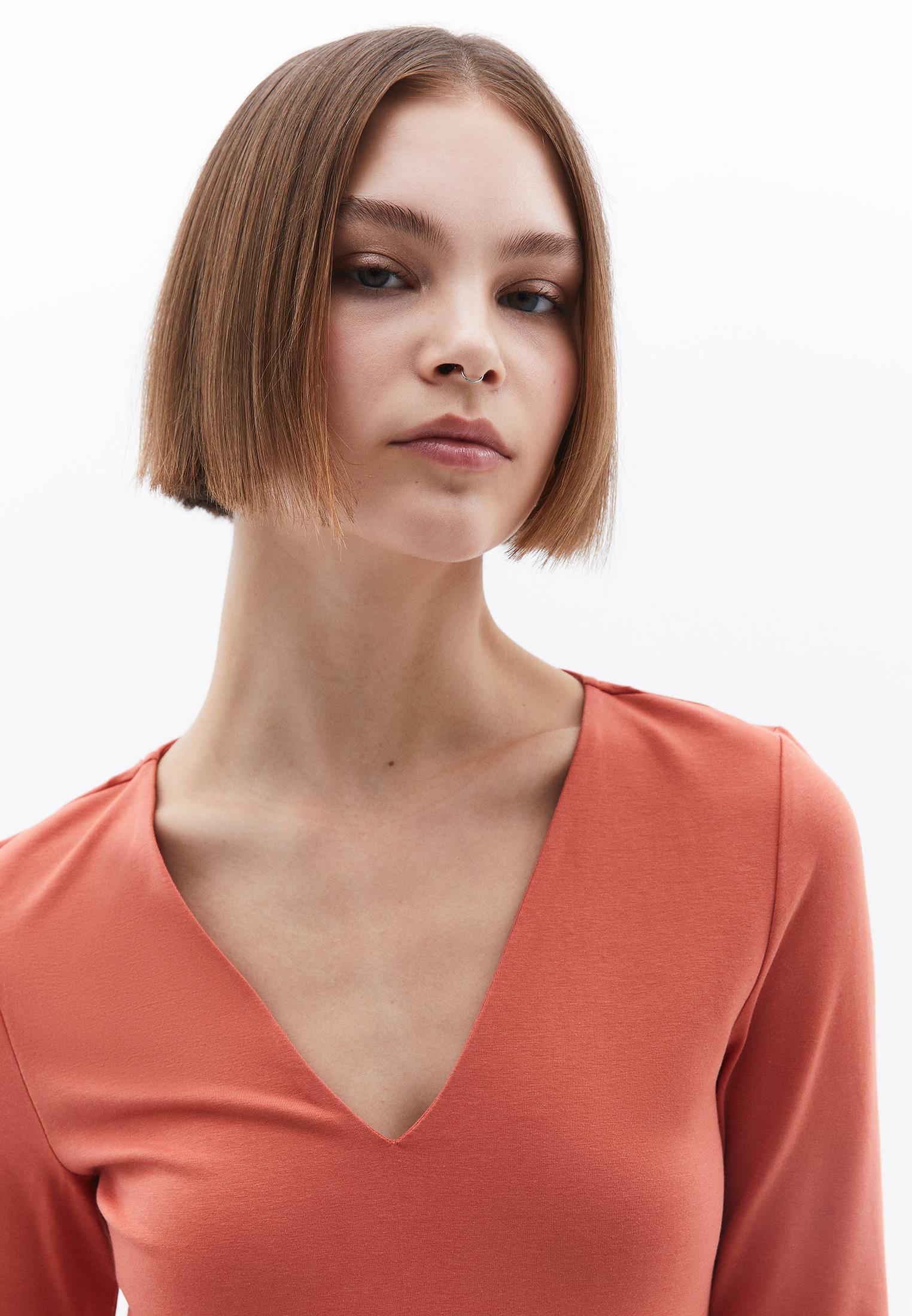Long Sleeve V Neck Bodycon T-Shirt - GINGER SPICE