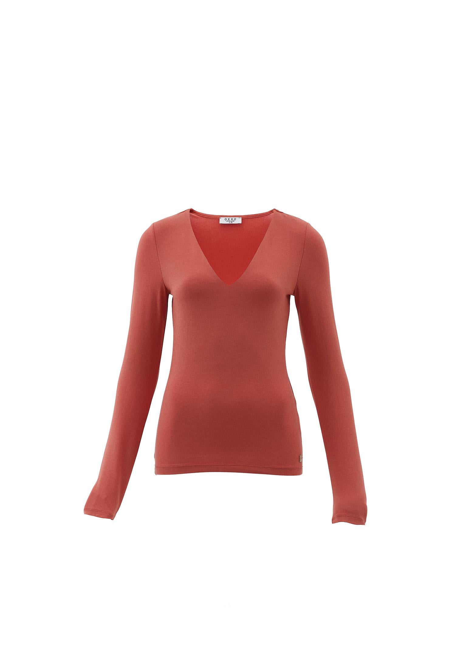 Long Sleeve V Neck Bodycon T-Shirt - GINGER SPICE