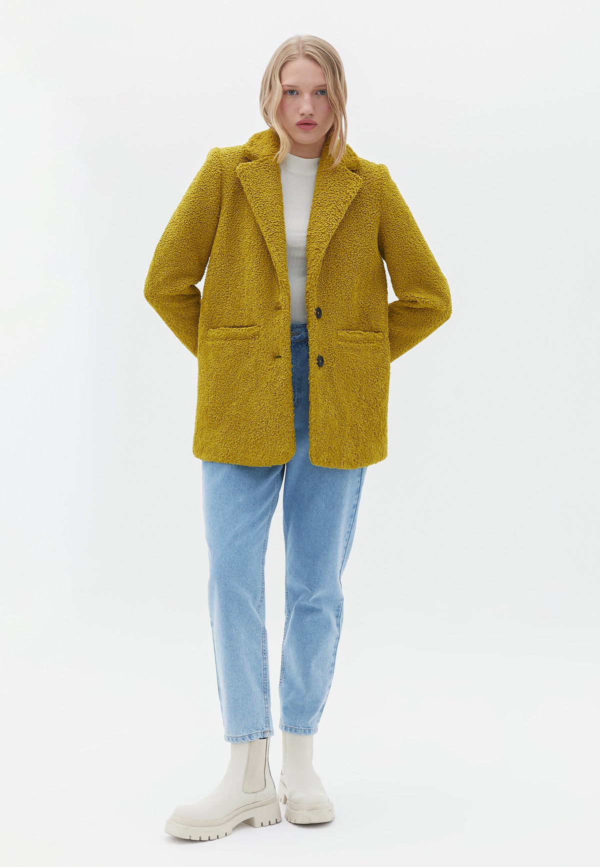 Boucle Fabric Buttoned Oversize Blazer Jacket - GOLDEN OLIVE